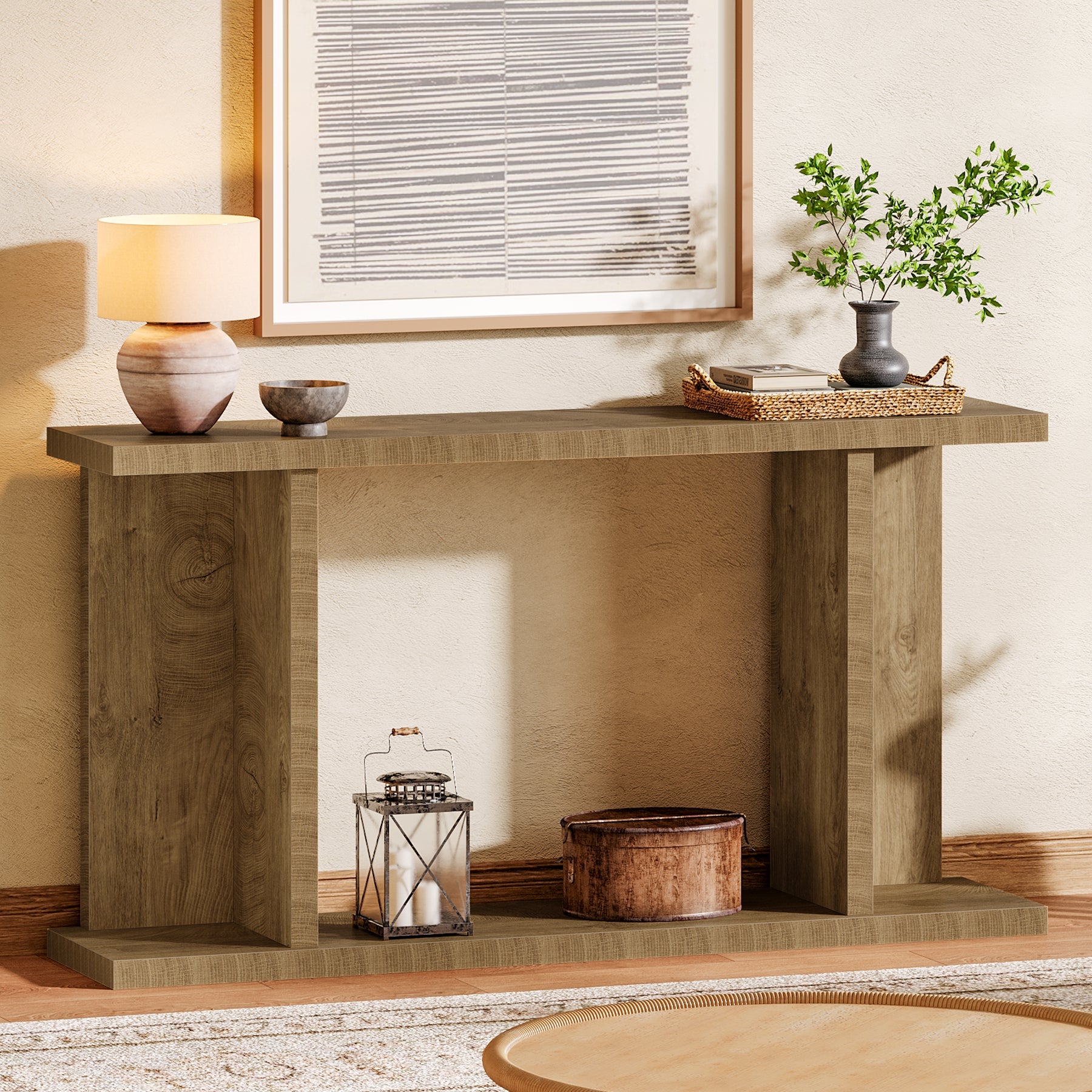 Tribesigns Mesa consola de 140 cm de estilo rústico, Consola estrecha de 2 niveles con base