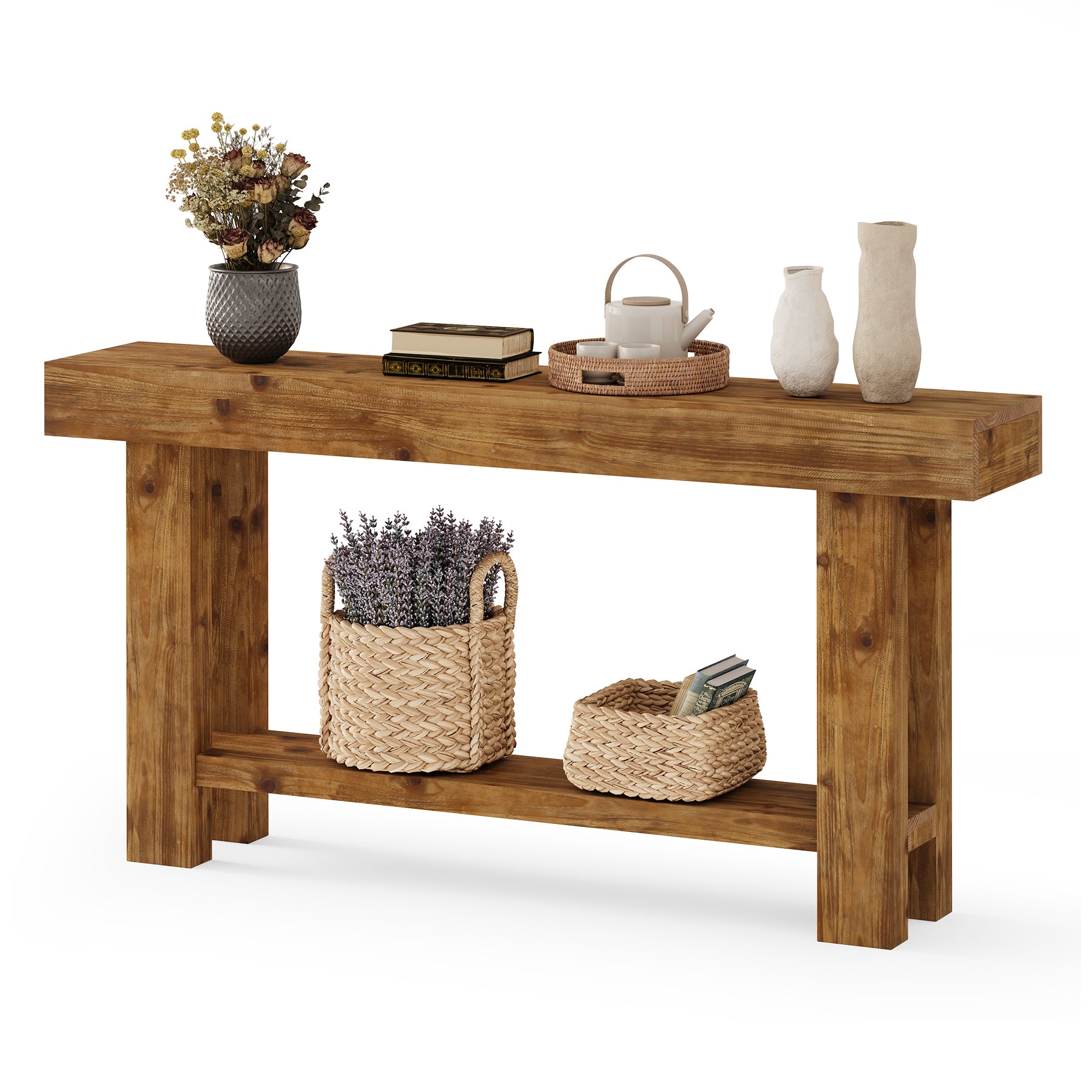 Consola de madera maciza, 160 cm de ancho, Consola de 2 niveles para aparador, sala de estar, estilo rústico