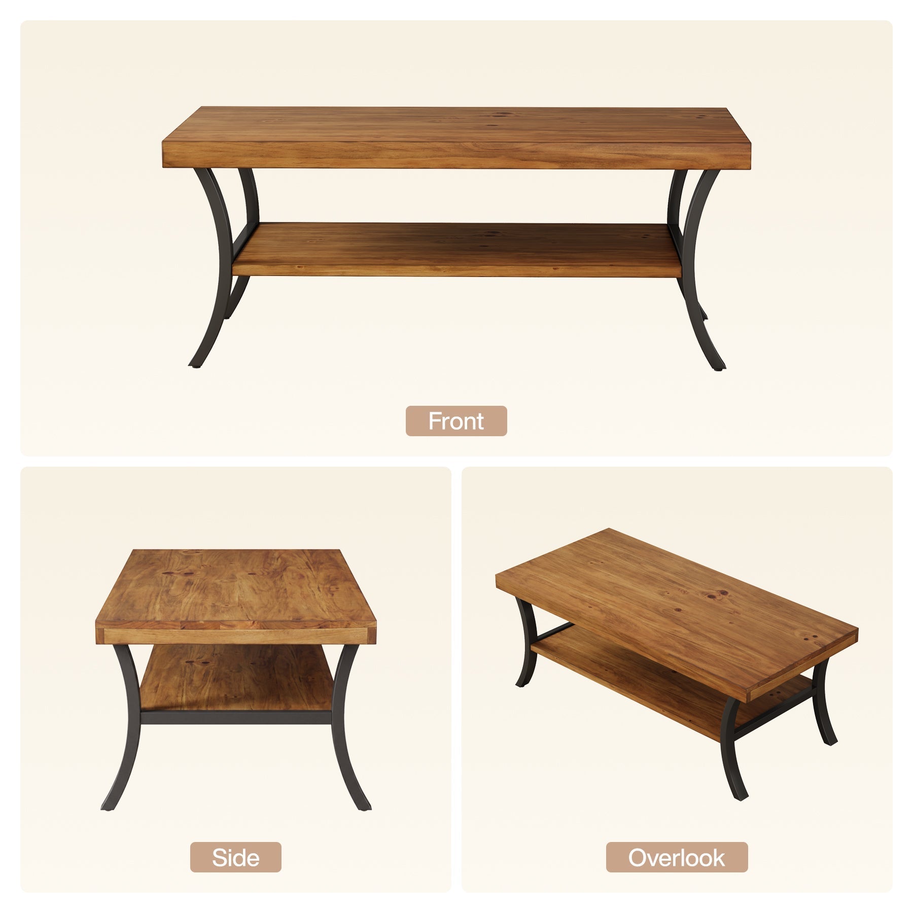 Tribesigns Mesa de centro de madera maciza de 120 cm con estante, Mesa de salón de 2 niveles con patas metálicas curvas