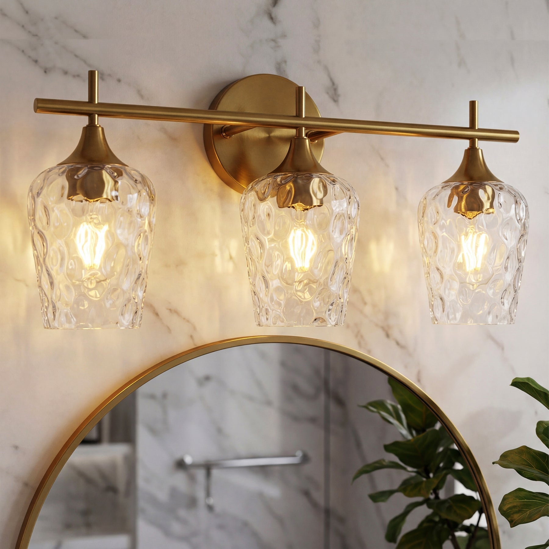 Tribesigns Aplique de pared LED de 3 luces para baño, Color dorado con cristal texturizado casquillo E27