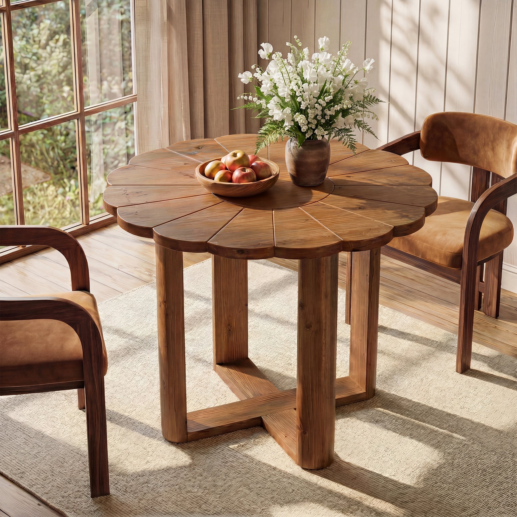 Mesa de comedor redonda de madera maciza de 80 cm para 2-4 personas, Estilo rústico con diseño floral tallado