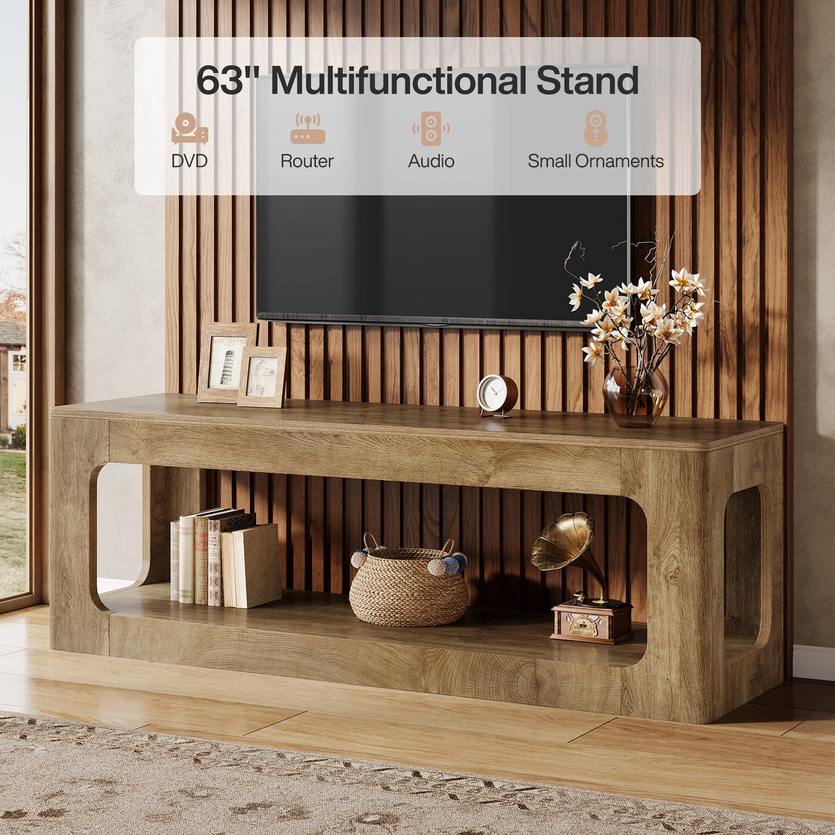 Tribesigns Mueble bajo para TV de 160 cm estilo casa de campo, Mueble para televisores de 55 a 75 pulgadas con 2 niveles