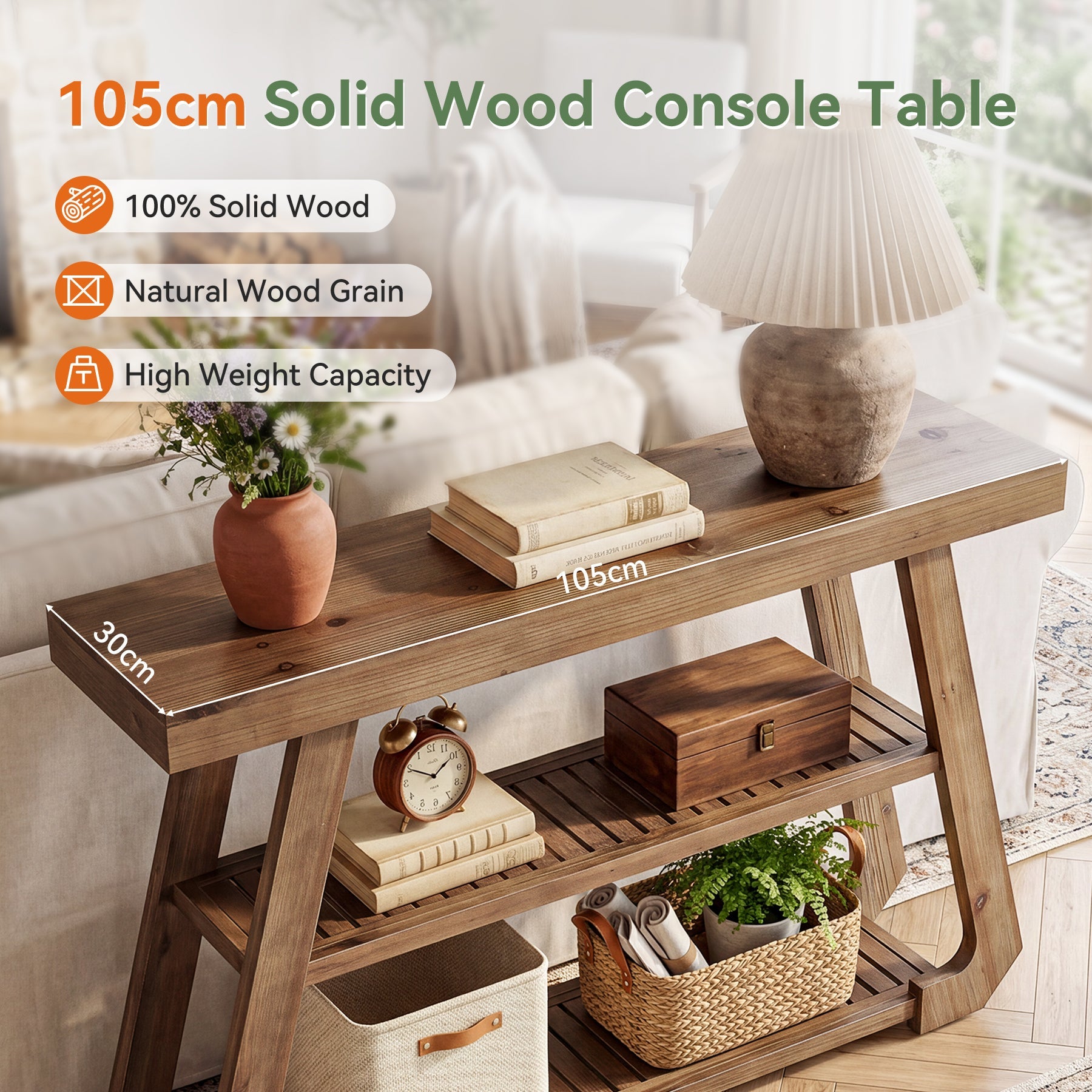 Tribesigns Consola de madera maciza de 105 cm con 3 estantes, Mesa de recibidor de estilo rústico con estructura en forma de A