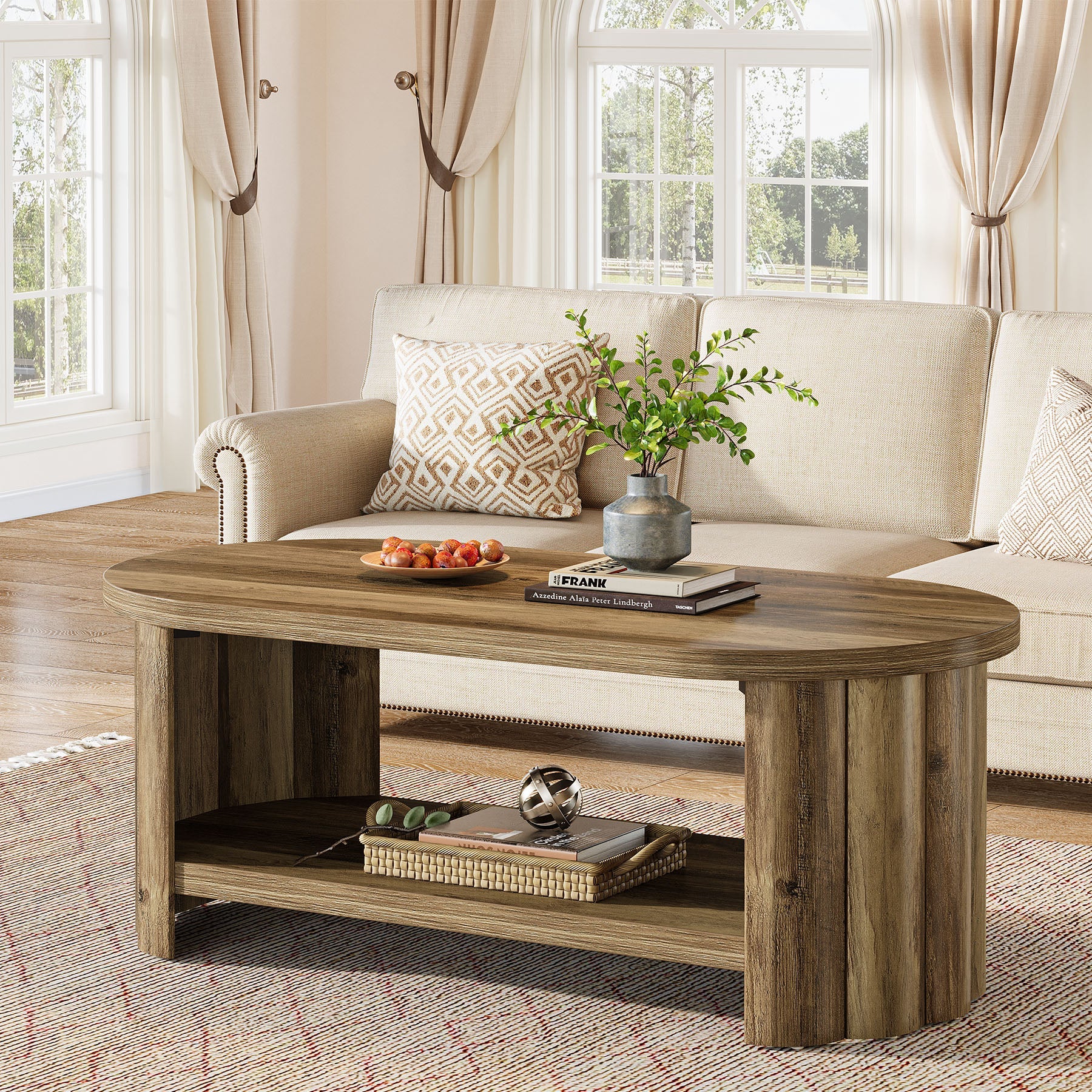 Tribesigns Mesa de centro ovalada de 120 cm con compartimento de almacenamiento, Mesa de salón de estilo rústico con base acanalada