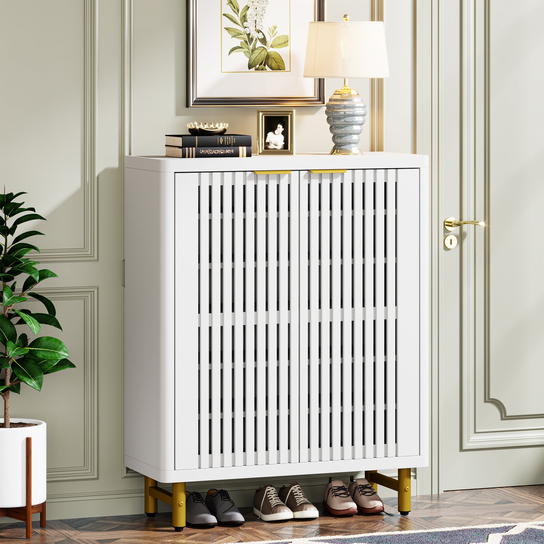 Tribesigns Zapatero de madera de 6 niveles con puertas de lamas y estantes ajustables