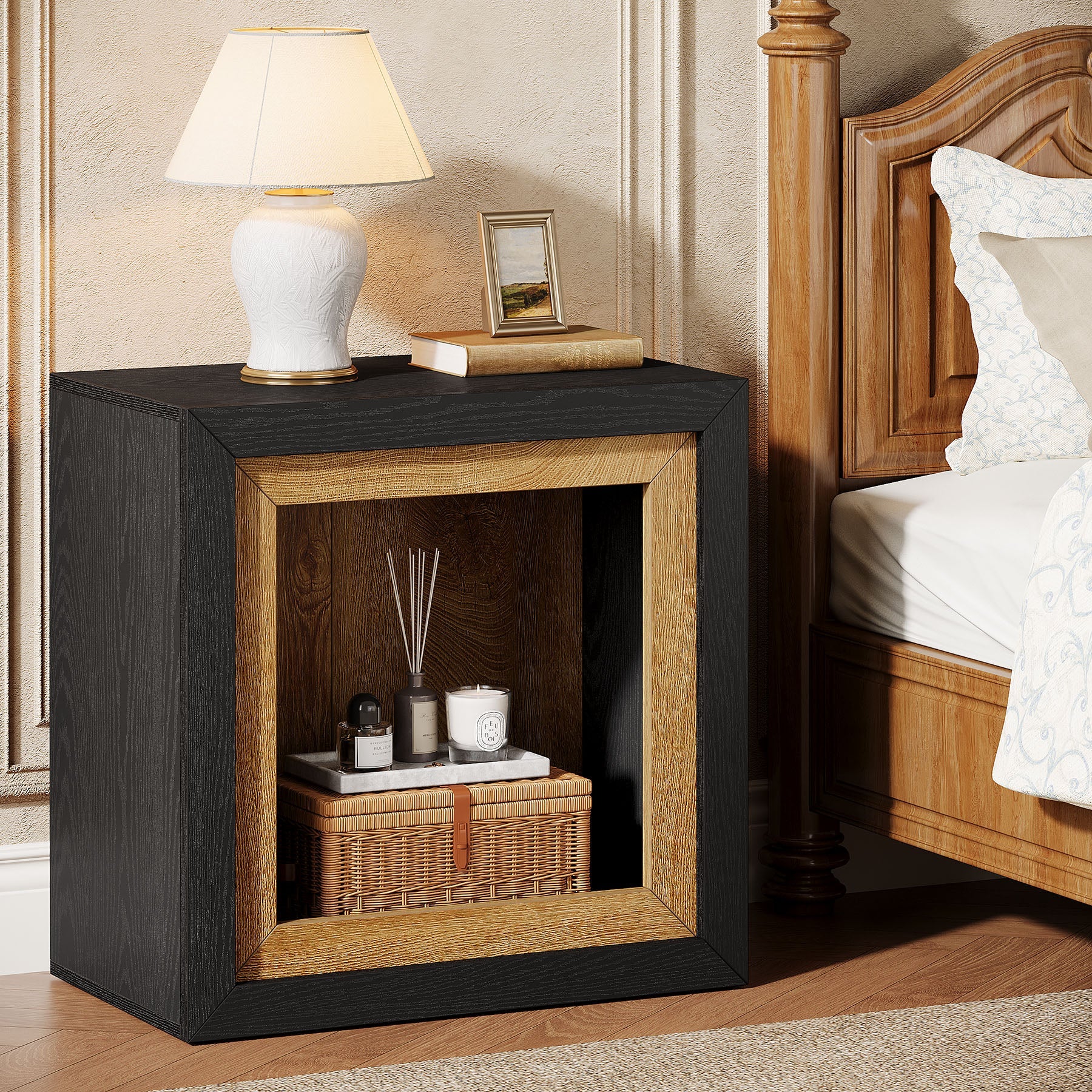 Tribeisigns Mesa auxiliar de madera de estilo industrial con diseño de marco abierto, Mesita de noche moderna con estante grande