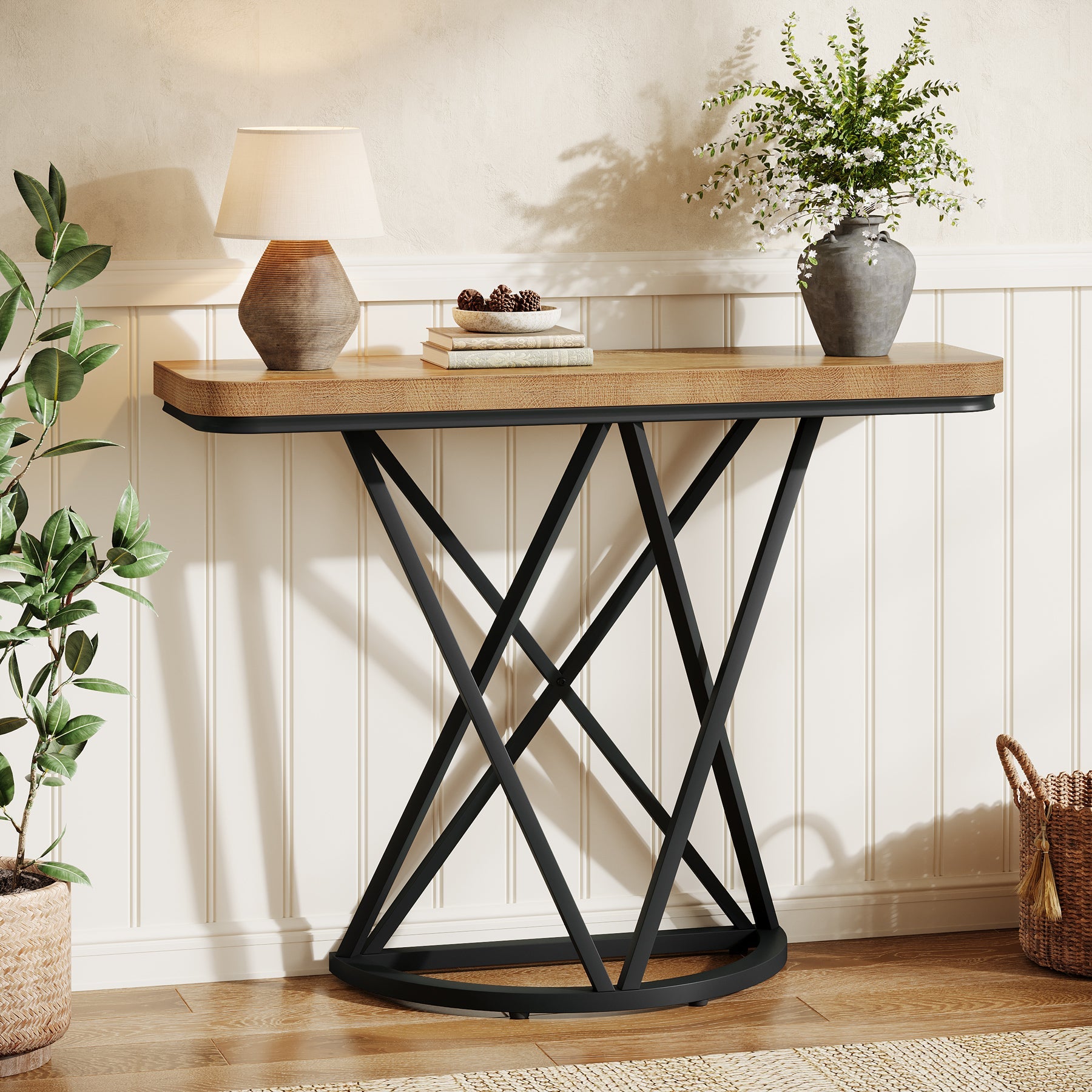 Tribesigns Consola industrial de 105 cm, Mesa de entrada estrecha con base metálica geométrica