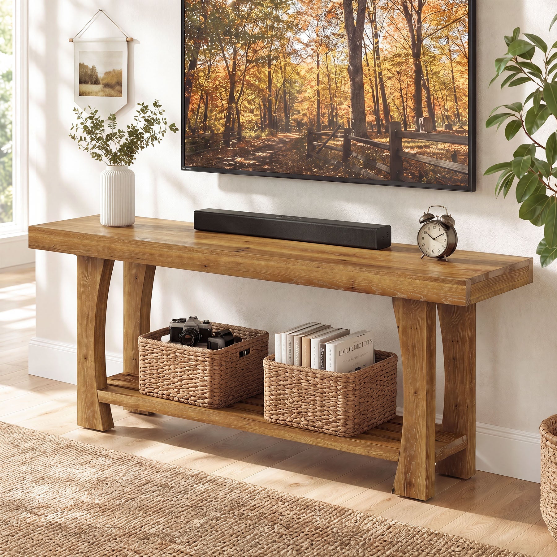 Tribesigns Mueble bajo para TV de madera maciza para televisores de 55 a 70 pulgadas con 2 estantes y patas de madera cónicas