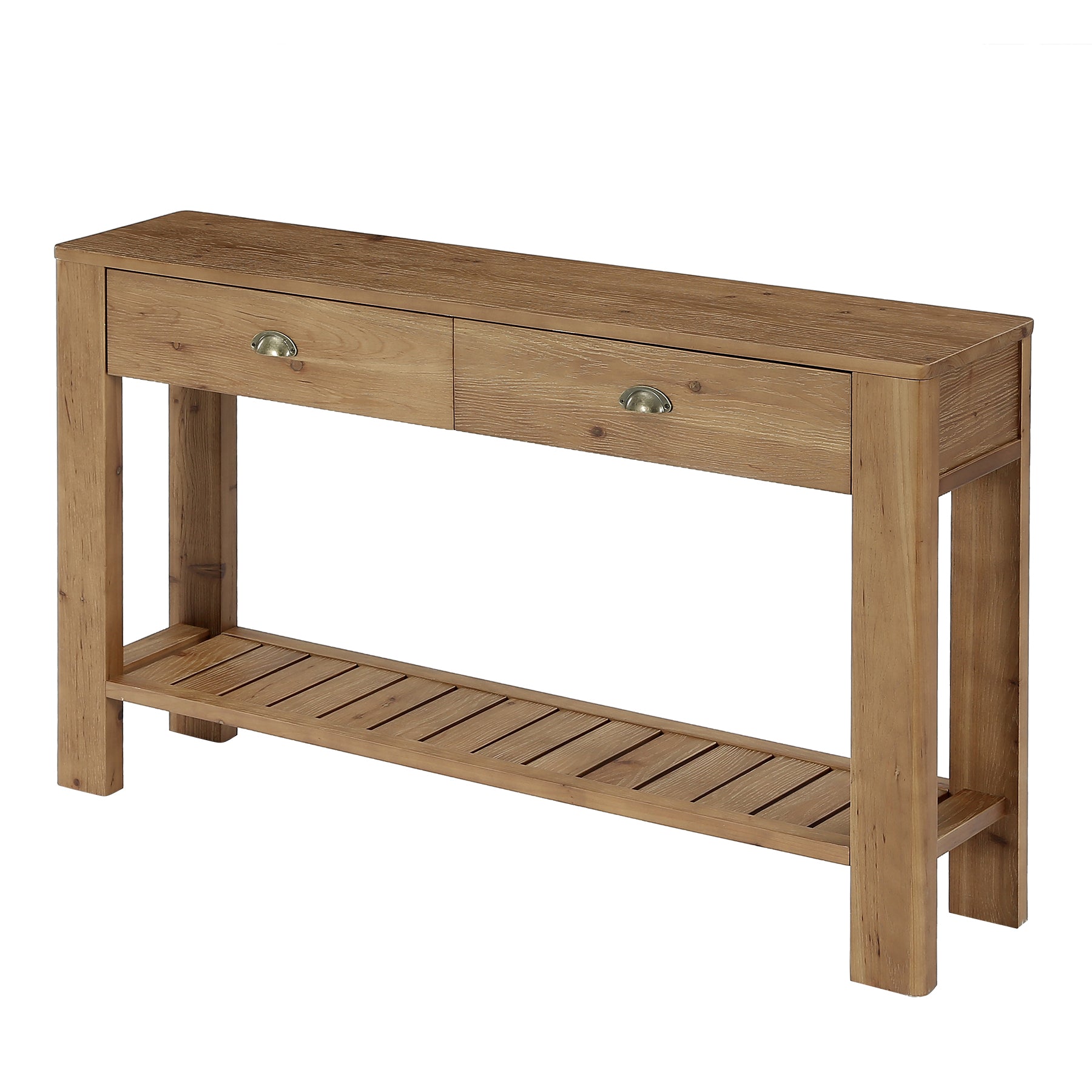 Consola de madera maciza de 140 cm con 2 cajones, Mesa de recibidor con almacenamiento abierto, mesa de centro detrás del sofá