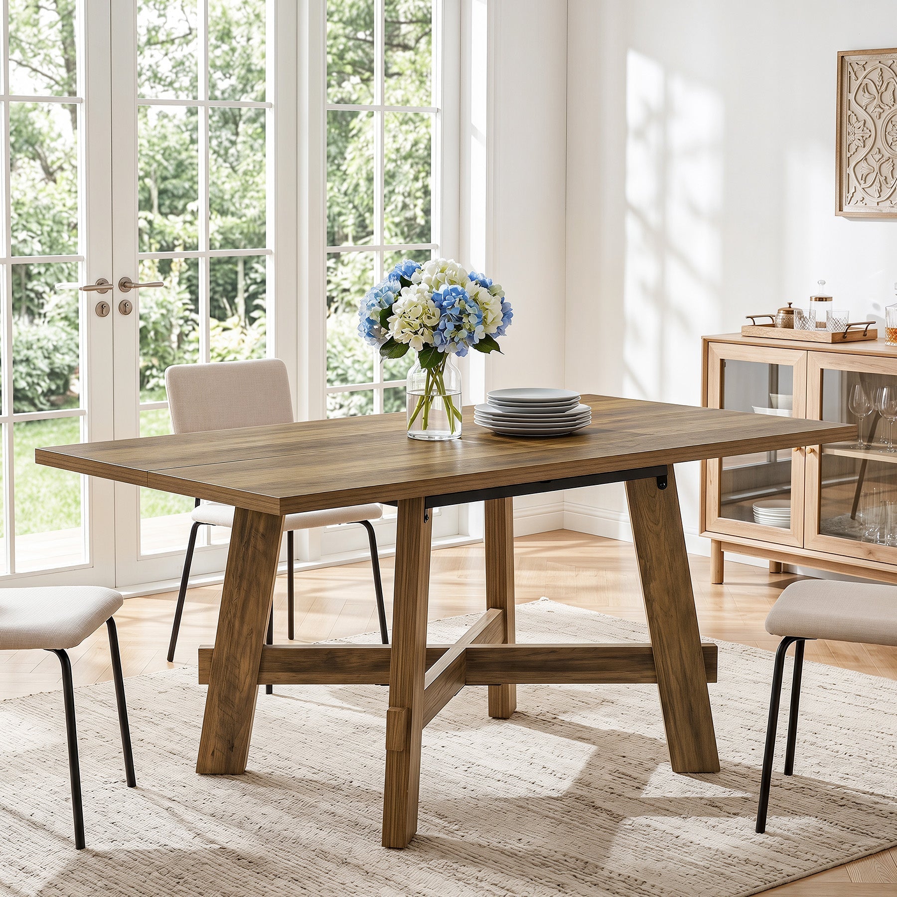 Tribesigns Mesa de comedor rústica de 140 cm para 4 personas con soporte en cruz, Mesa de cocina de madera para apartamento y comedor