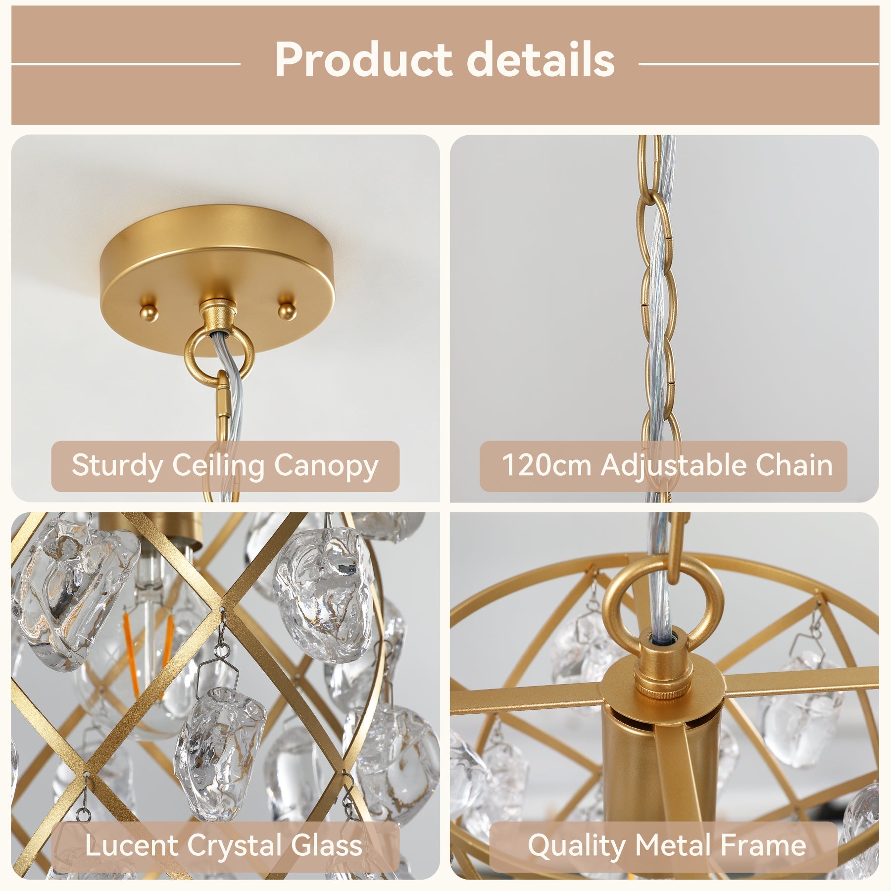 Lámpara colgante Gold de 17,5 x 17,5 x 30 cm, Moderna lámpara colgante con cristales de vidrio con forma de onda de agua y casquillo E27 para isla de cocina, comedor y pasillo [Clase energética E]