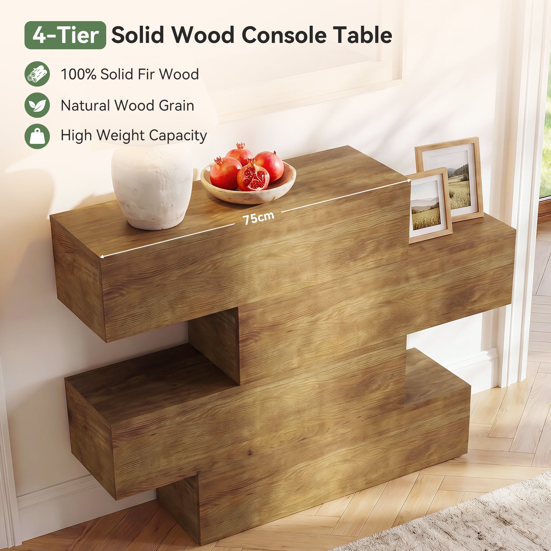 Consola de madera maciza de 110 cm con 4 estantes, Mesa estrecha para recibidor de estilo rústico