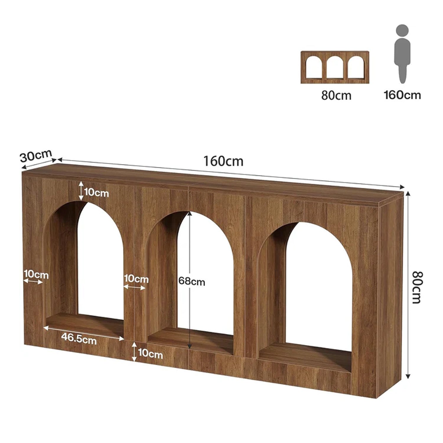 Consola de 160 cm mesa estrecha de madera con 3 estantes arqueados, Mesa de centro detrás del sofá