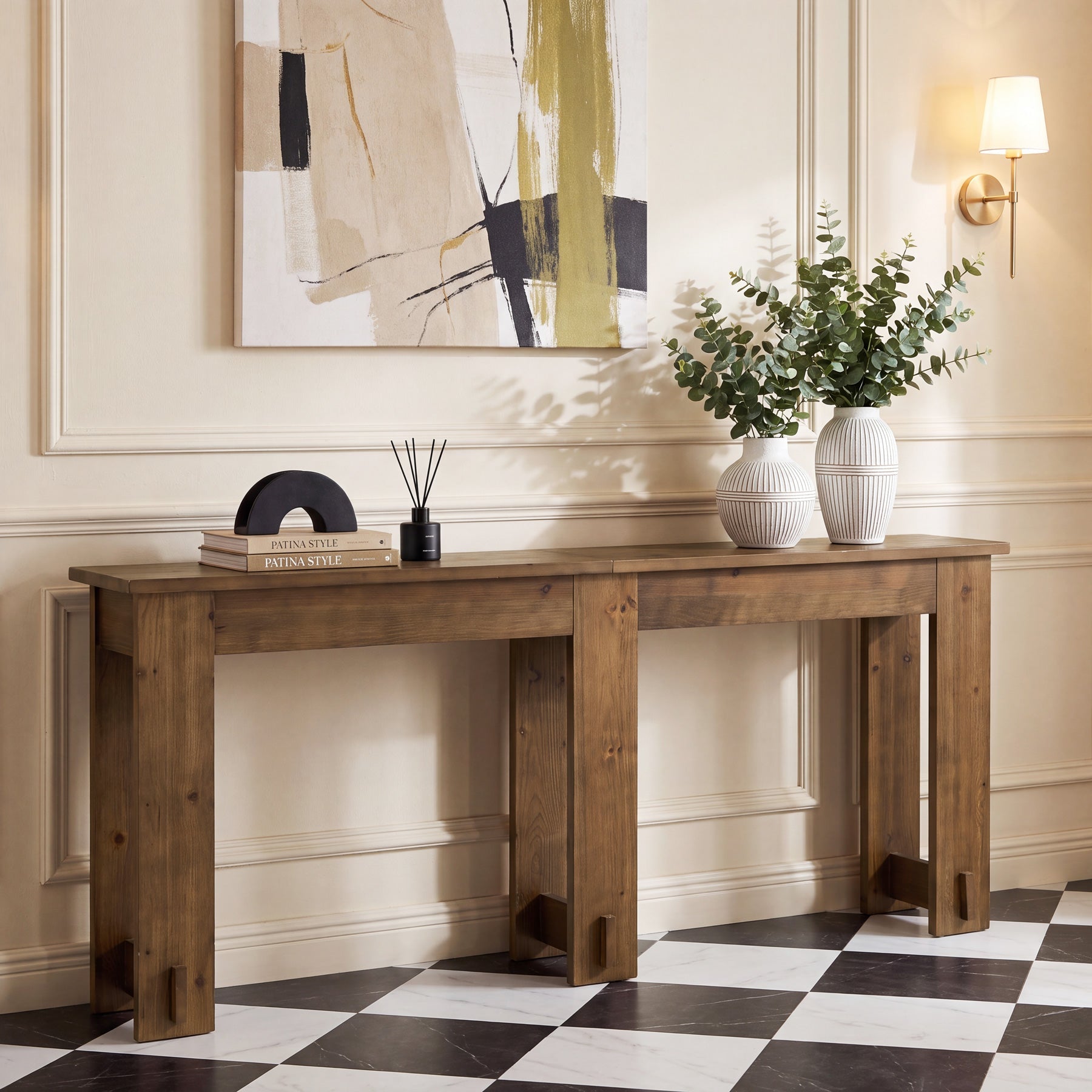 Mesa consola de madera maciza de 200 cm, Mesa de banco extralarga de pino con 6 patas