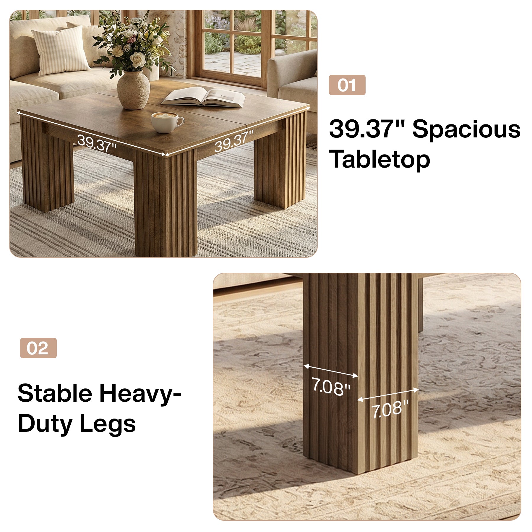 Tribesigns Mesa de centro cuadrada de 100 cm, Mesa de salón de estilo rústico con patas estriadas
