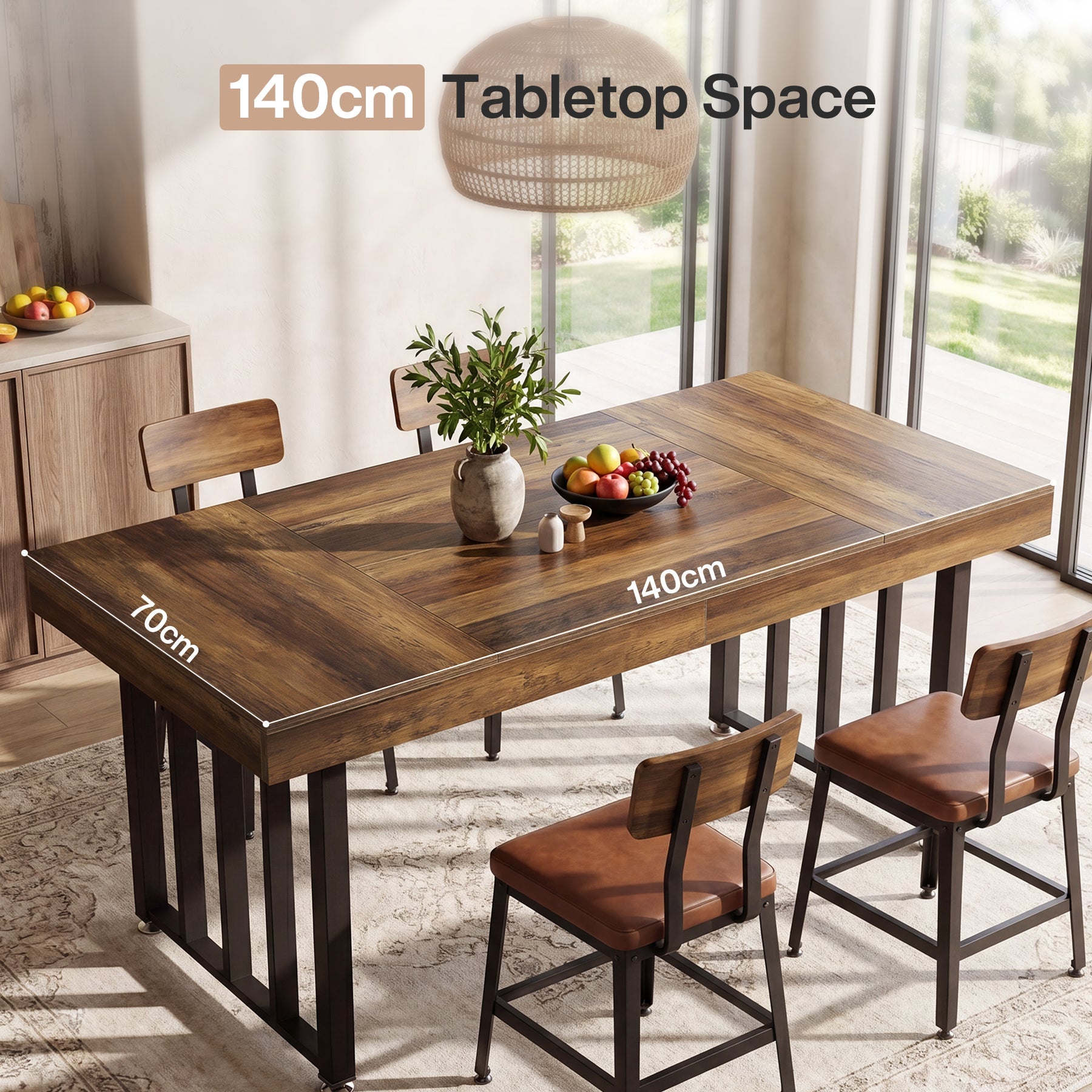 Mesa de comedor de 140 cm para 4 personas, Mesa de cocina rectangular con patas metálicas resistentes