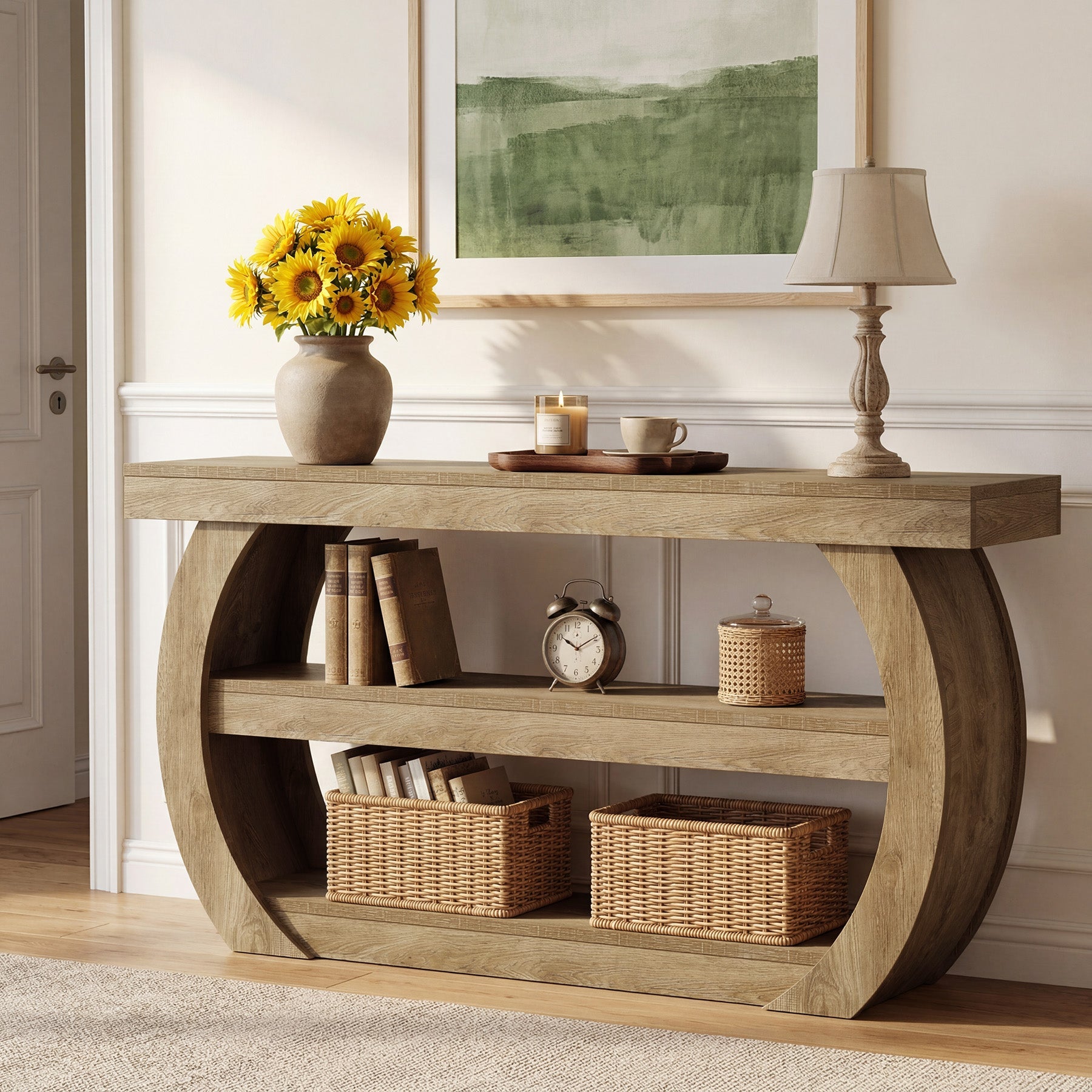 Tribesigns Mesa consola estilo granja (160 cm), Mesa de madera de 3 niveles para pasillo con estante de almacenamiento