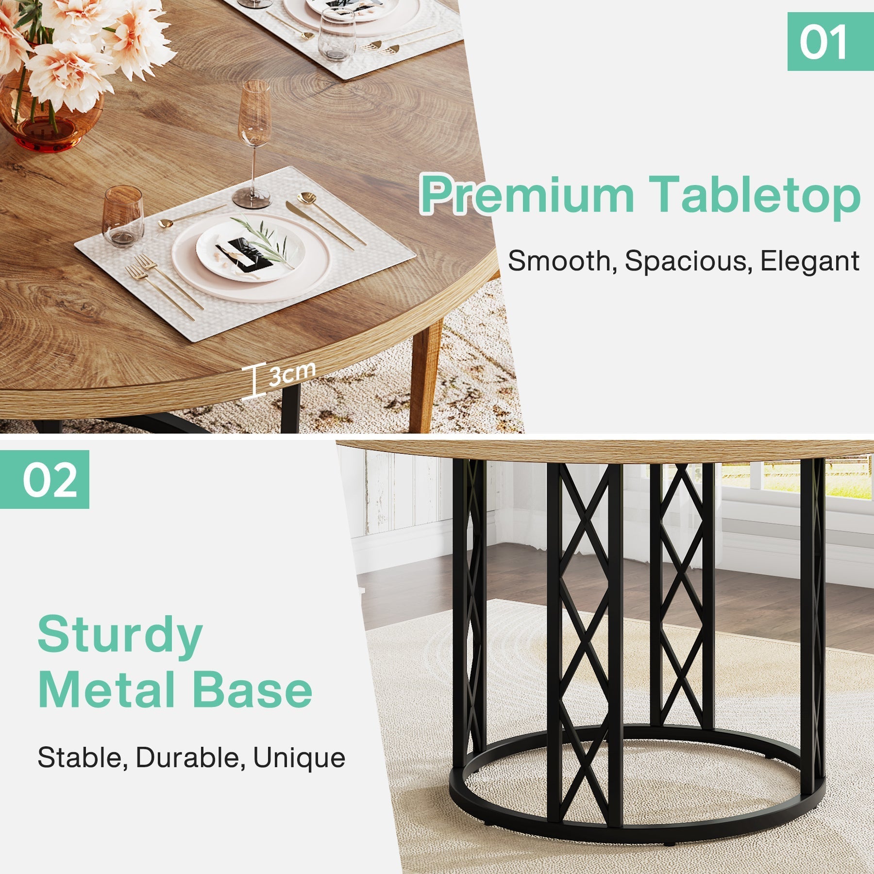 Tribesigns Mesa de comedor redonda de 120 cm para 4-6 personas, Mesa de cocina moderna con estructura metálica
