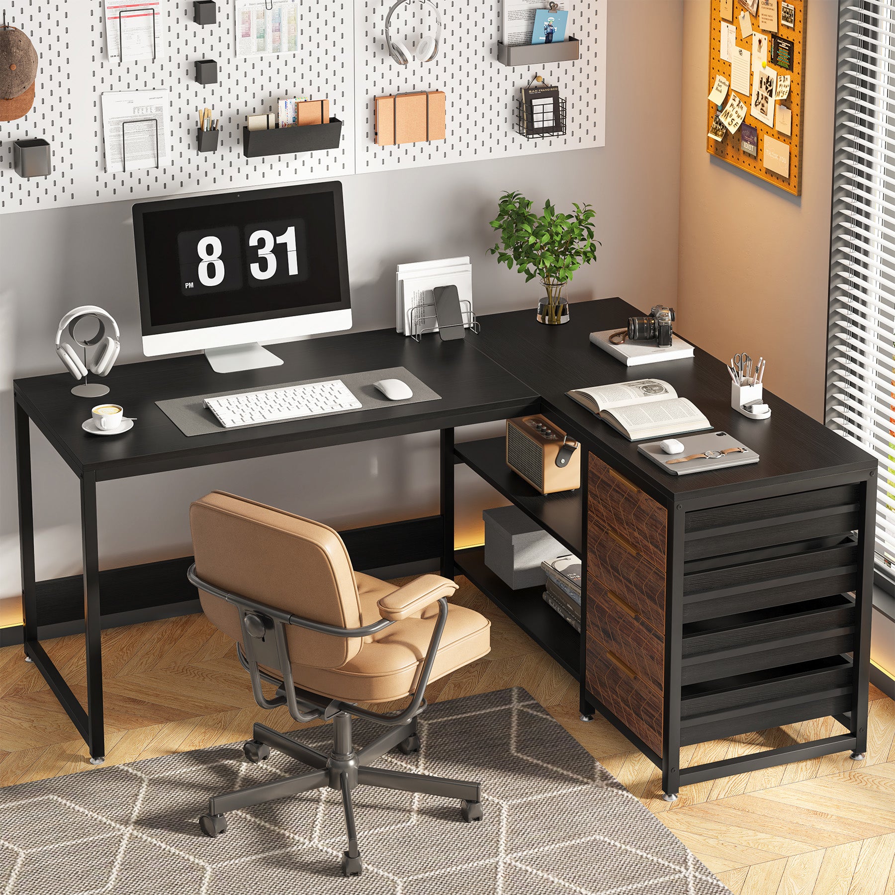 Tribesigns Escritorio en forma de L, Escritorio esquinero con estantes reversibles