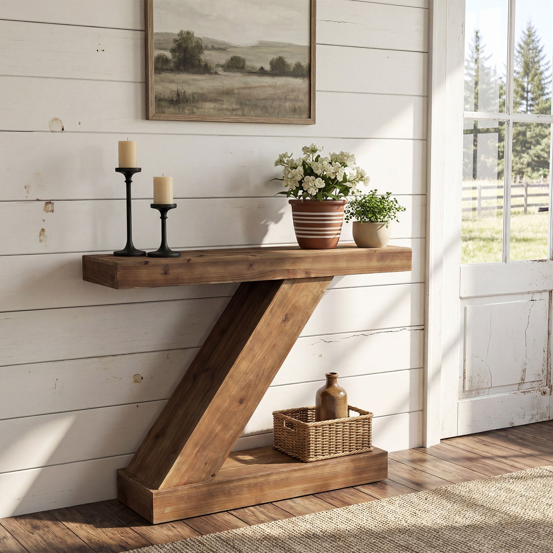 Tribesigns Mesa consola de 105 cm, Mesa de recibidor de madera maciza con forma de Z para entrada