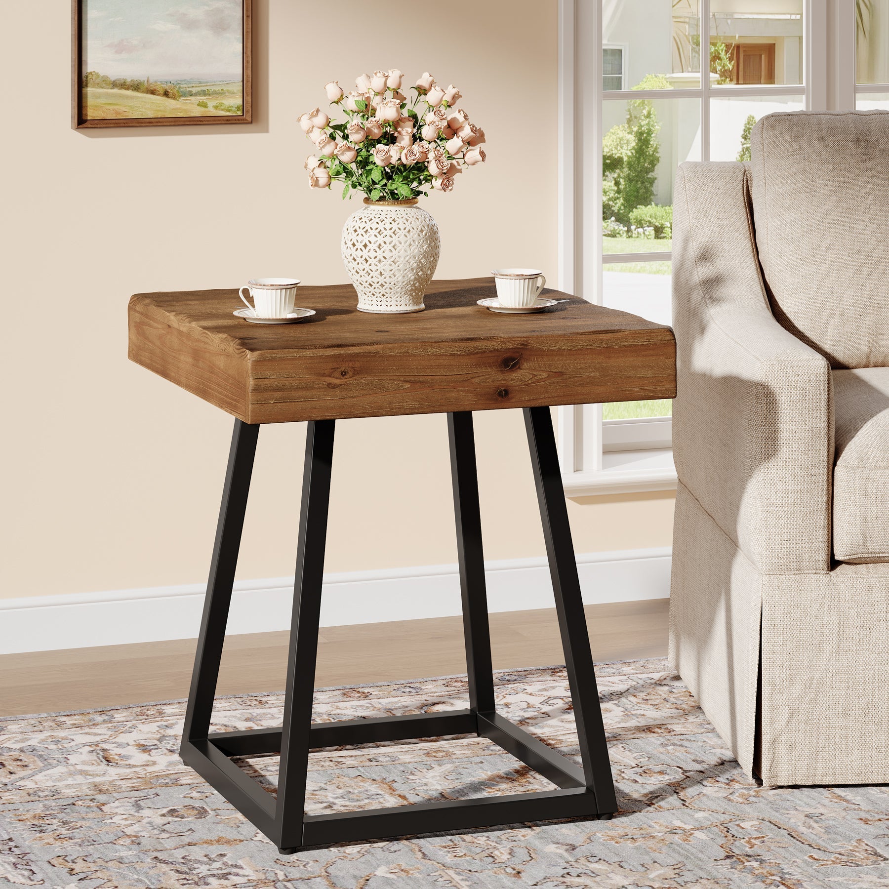 Tribesigns Mesita auxiliar de madera maciza 50 cm, Mesita de noche cuadrada con base metálica