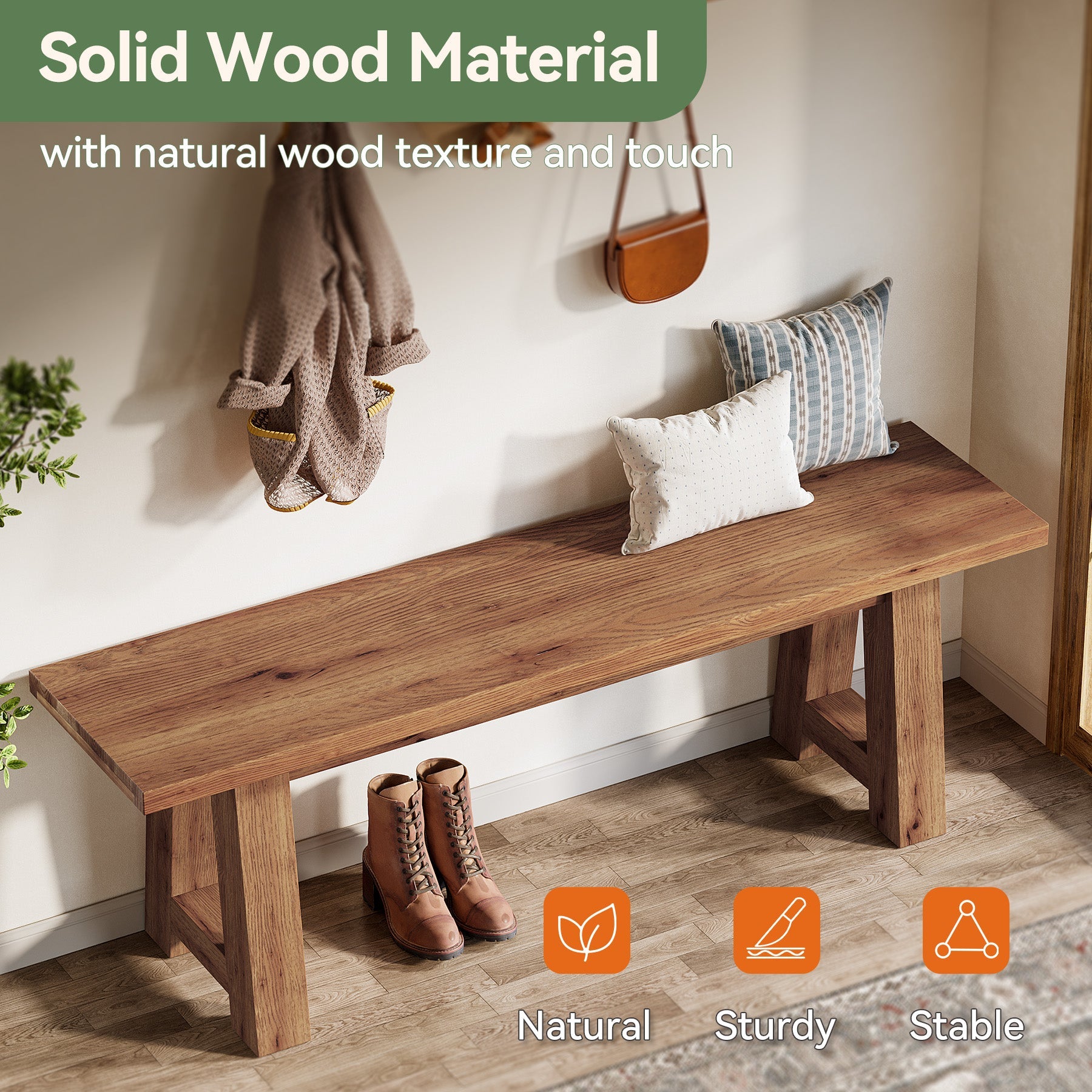 Banco de madera maciza de 140 cm de estilo rústico, Banco largo de entrada fabricado en madera natural