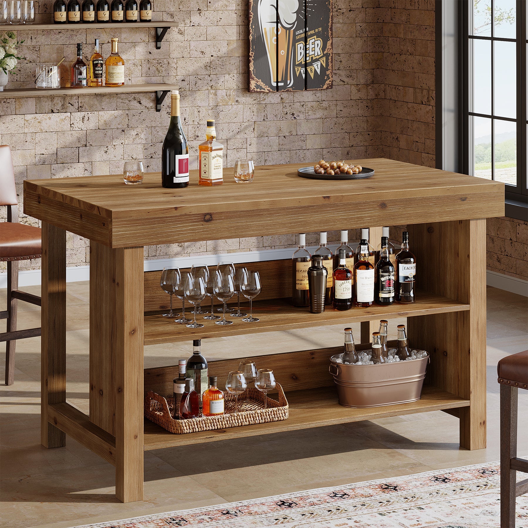 Tribesigns Isla de cocina de madera maciza con almacenamiento y asientos, Mesa de cocina con 2 estantes abiertos