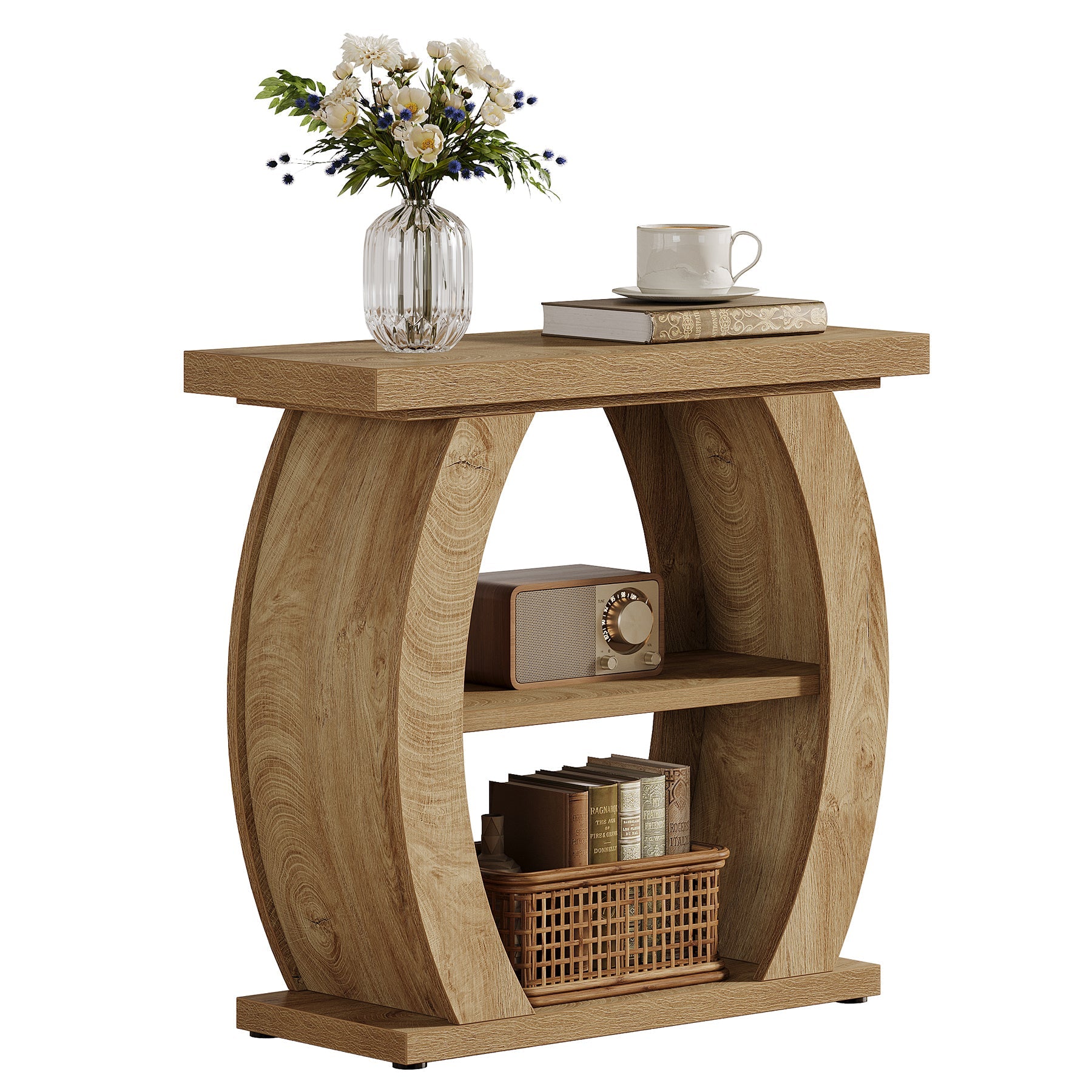 Tribesigns Mesita auxiliar estrecha de 65 cm con 3 niveles de almacenamiento, Mesita de noche rústica con estructura curva