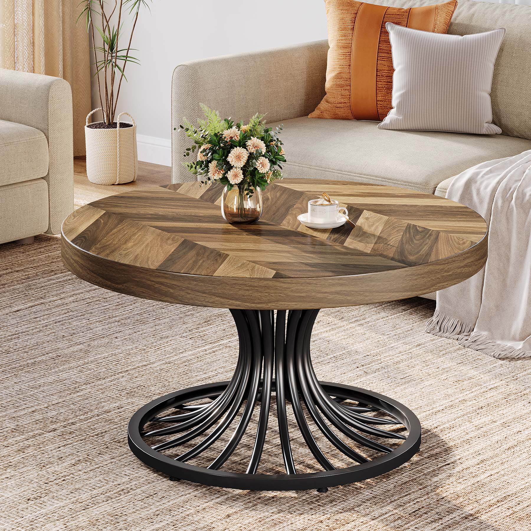 Tribesigns Mesa de centro, Mesa de centro circular de estilo rústico de 80 cm con pedestal elegante