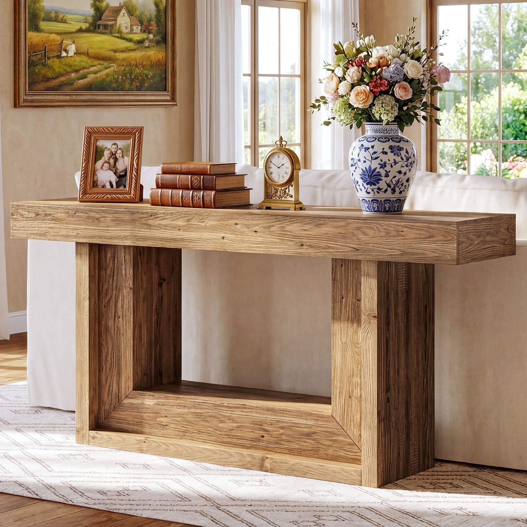 Tribesigns Mesa consola estrecha de madera maciza de 160 cm, Estilo rústico con estructura en forma de U y estante