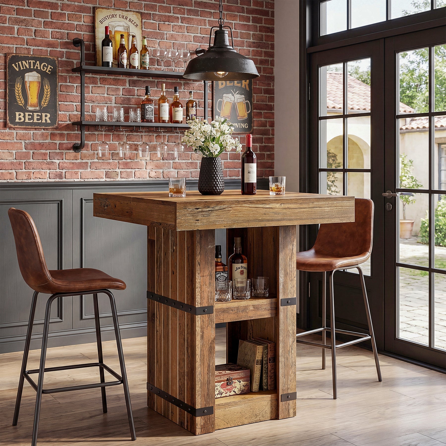 Tribesigns Mesa de bar de 80 × 80 cm con almacenamiento, Mesa alta de 95 cm mesa de cocina de estilo rústico industrial