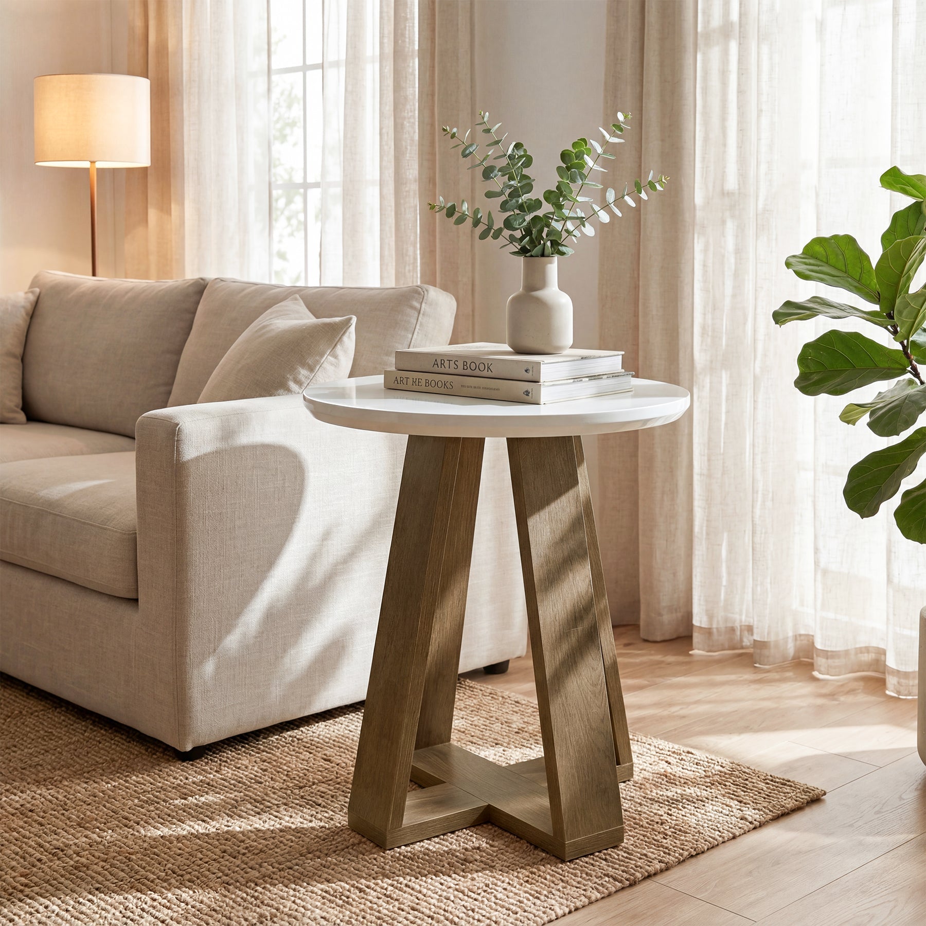 Tribesigns Mesa auxiliar redonda de 50 cm, Mesita de noche moderna blanca para salón y dormitorio