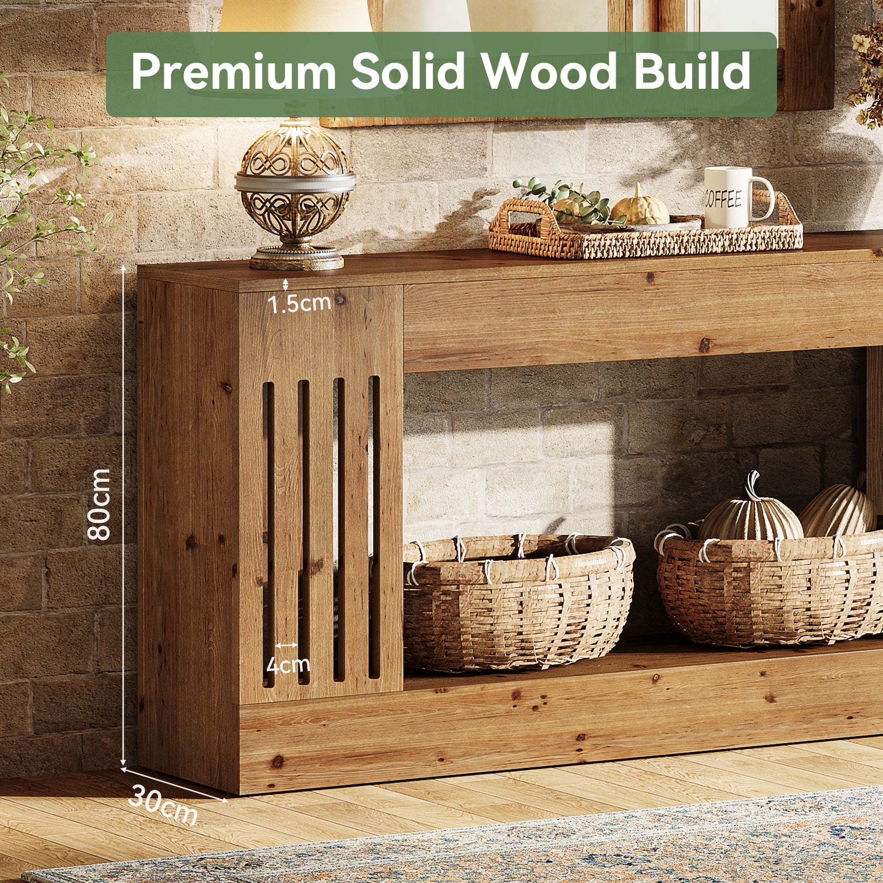 Tribesigns Consola de madera maciza de 160 cm, Mesa de sofá detrás del sofá con compartimento de almacenamiento
