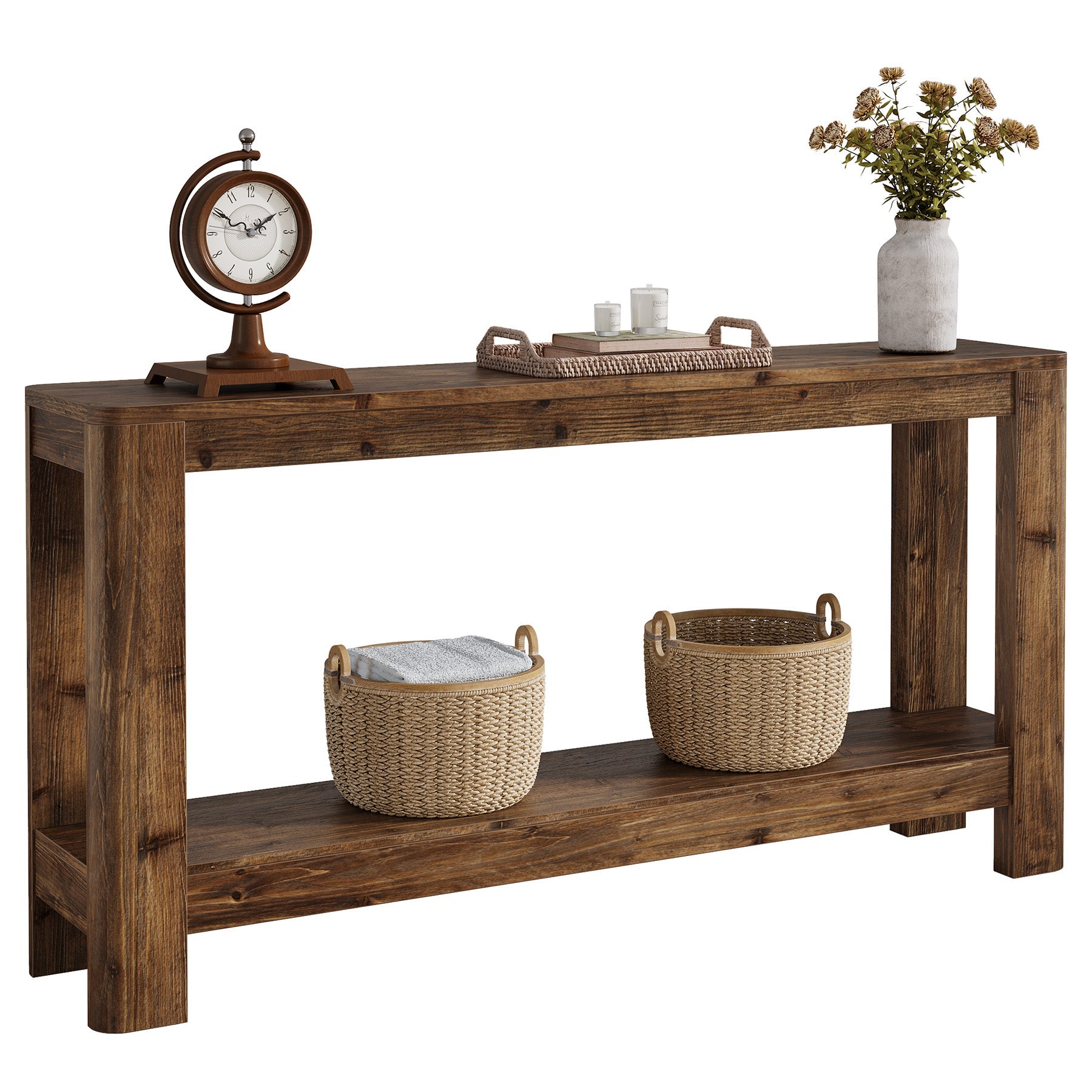 Tribesigns Mesa consola de madera maciza de 160 cm, Mesa auxiliar estrecha de estilo rústico con estante