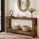 Tribesigns Mesa consola de madera maciza de 160 cm, Mesa auxiliar estrecha de estilo rústico con estante 3