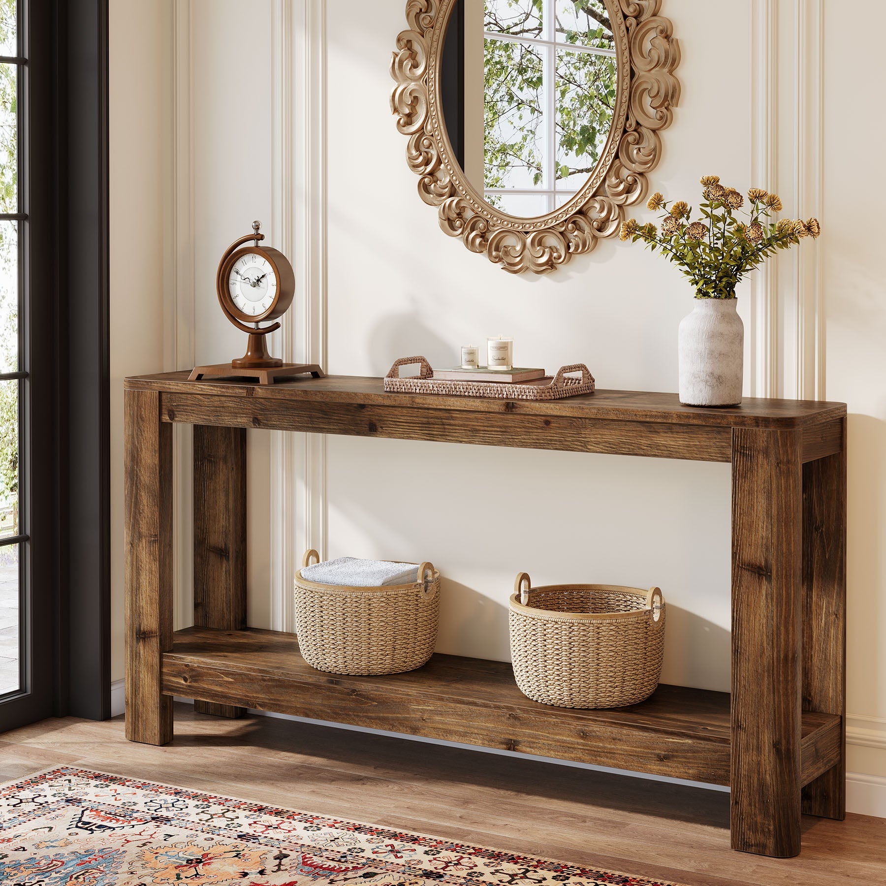 Tribesigns Mesa consola de madera maciza de 160 cm, Mesa auxiliar estrecha de estilo rústico con estante