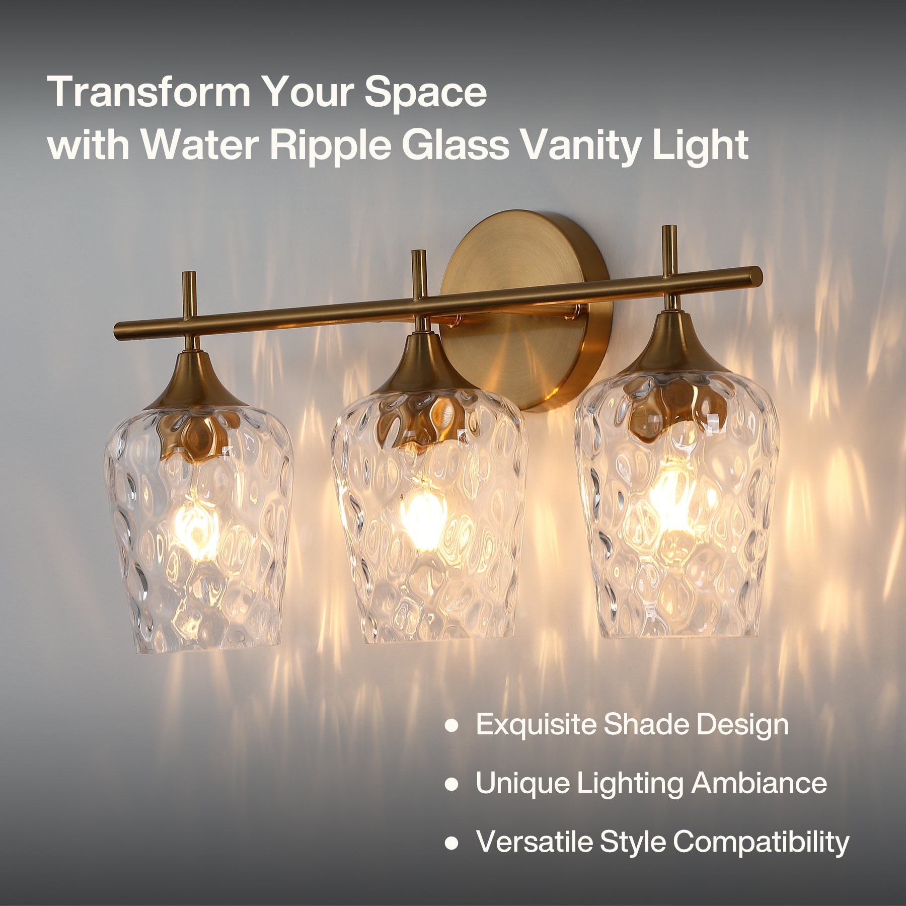 Tribesigns Aplique de pared LED de 3 luces para baño, Color dorado con cristal texturizado casquillo E27