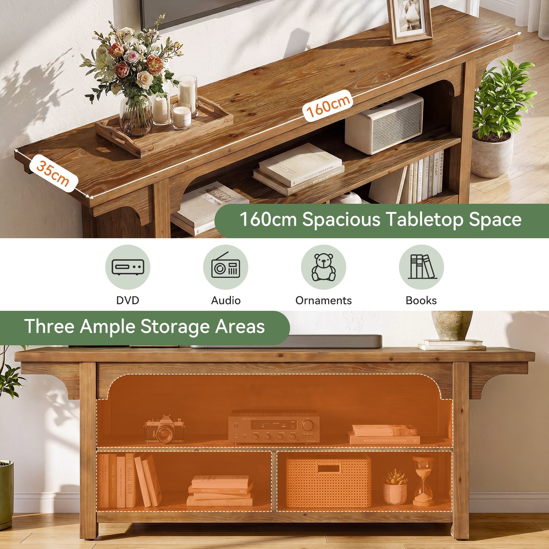 Tribesigns 160 cm TV-Lowboard aus Massivholz, TV-Schrank für 55–70 Zoll Fernseher mit 3 offenen Fächern