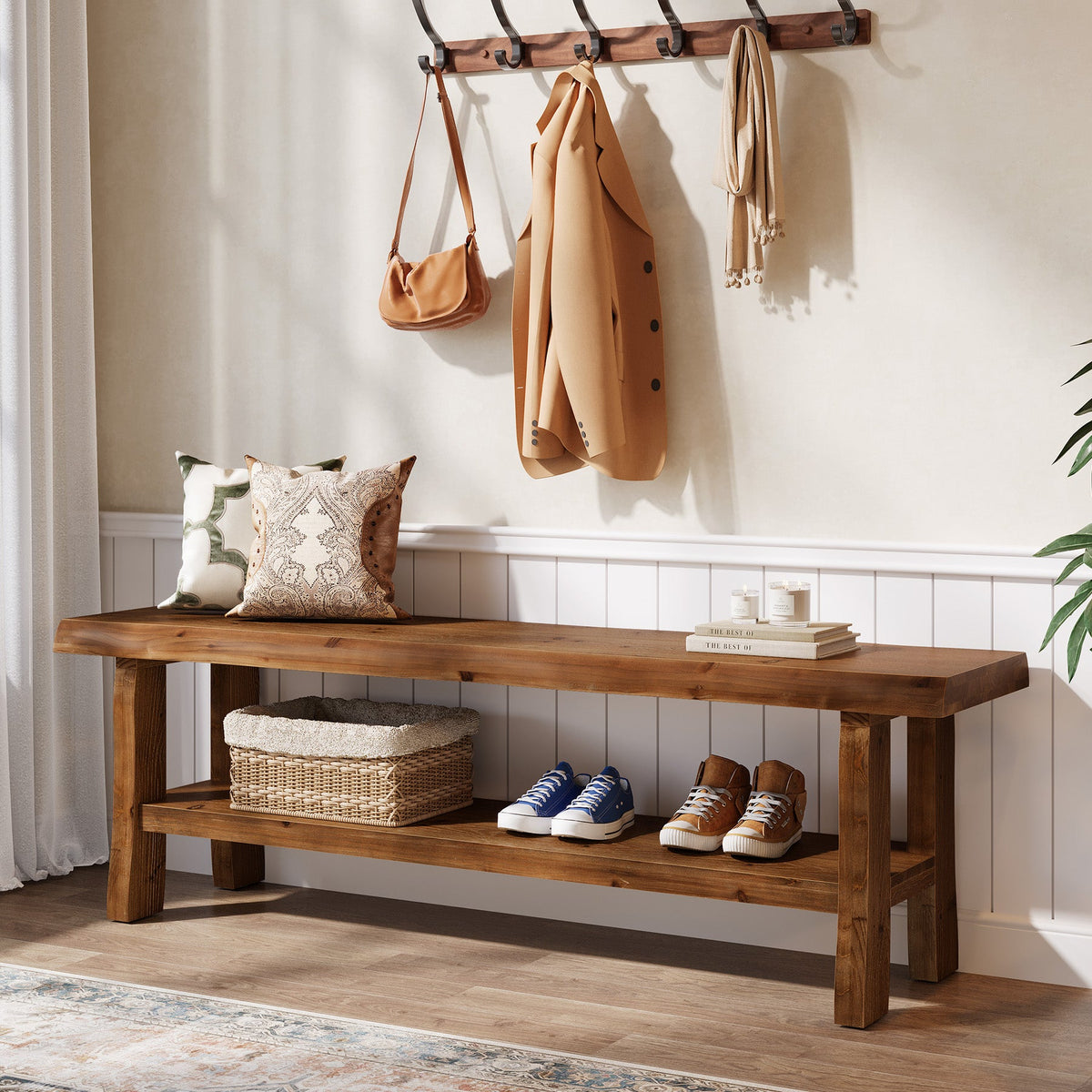 Tribesigns Banco zapatero de madera maciza de 140 cm con estante, Banco de estilo rústico para 2 o 3 personas