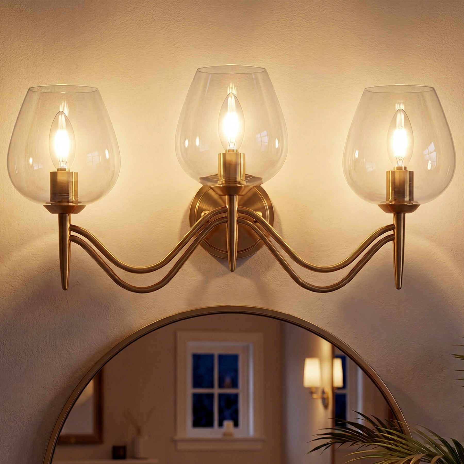Lámpara de baño de 3 luces 58 cm, de latón con espejo y cristal transparente, casquillo E14