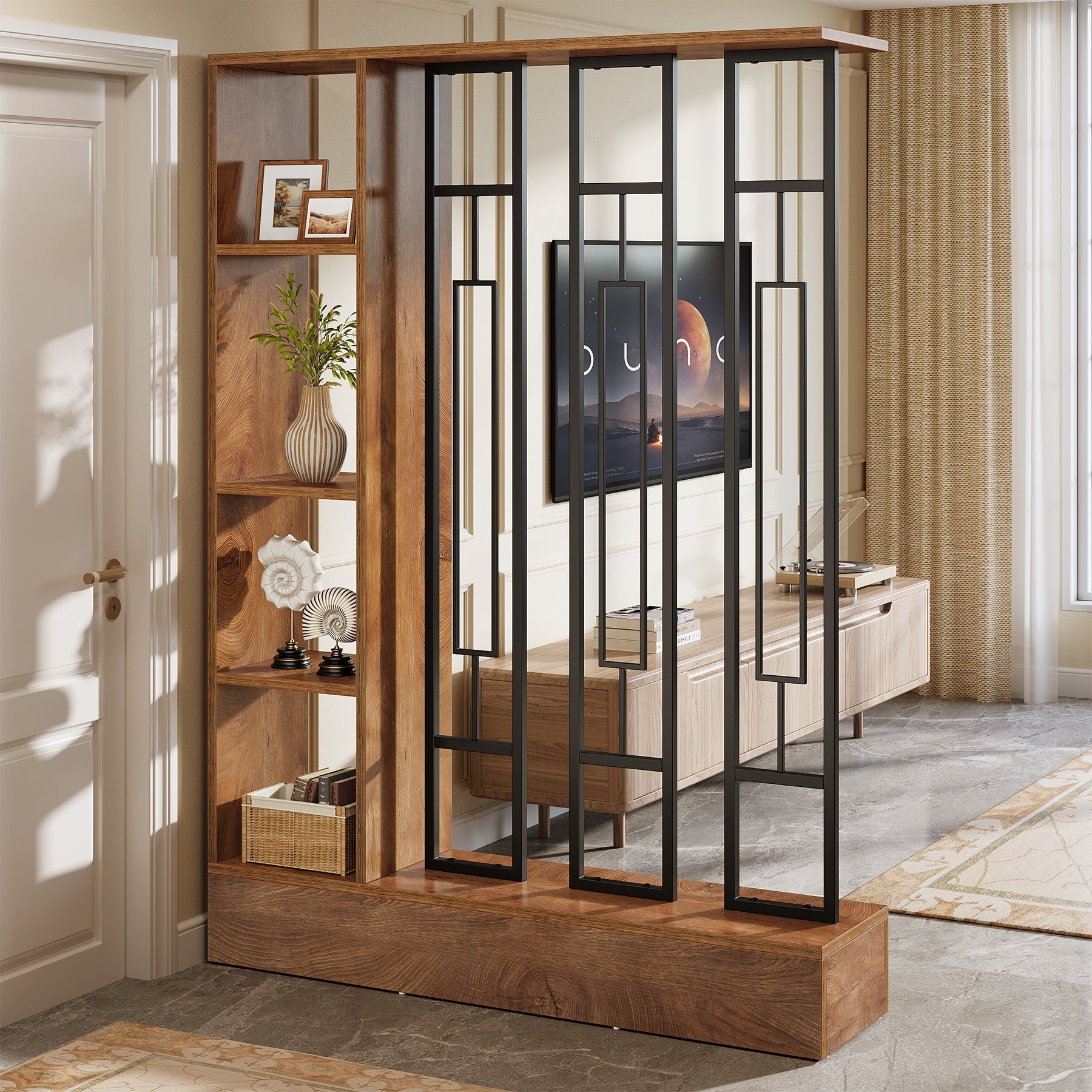 Biombo separador de ambientes de madera y metal de 120 cm, Pantalla de privacidad con estantes