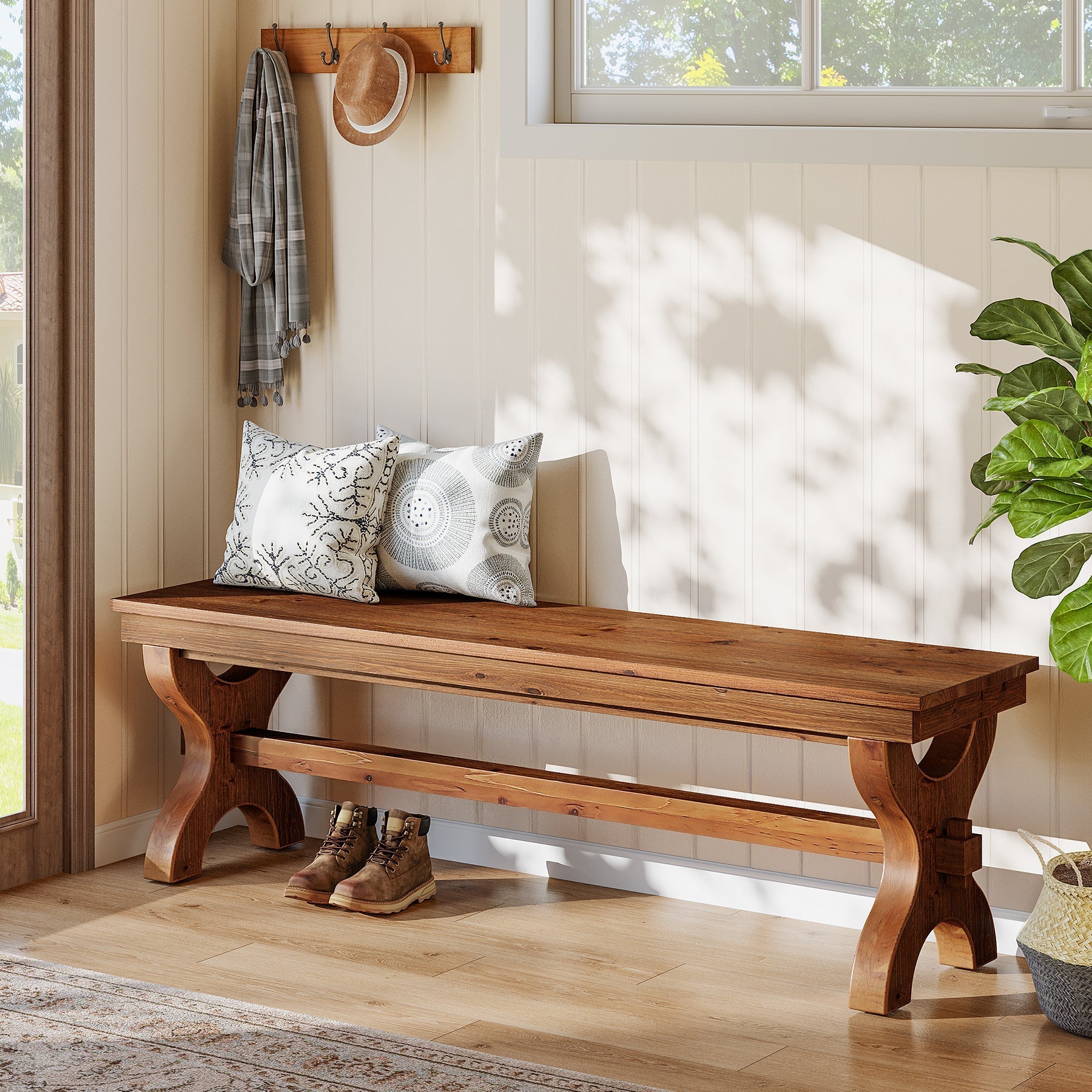 Tribesigns Banco de madera maciza de 140 cm, Banco para recibidor y zapatero de estilo rústico para recibidor, dormitorio y comedor