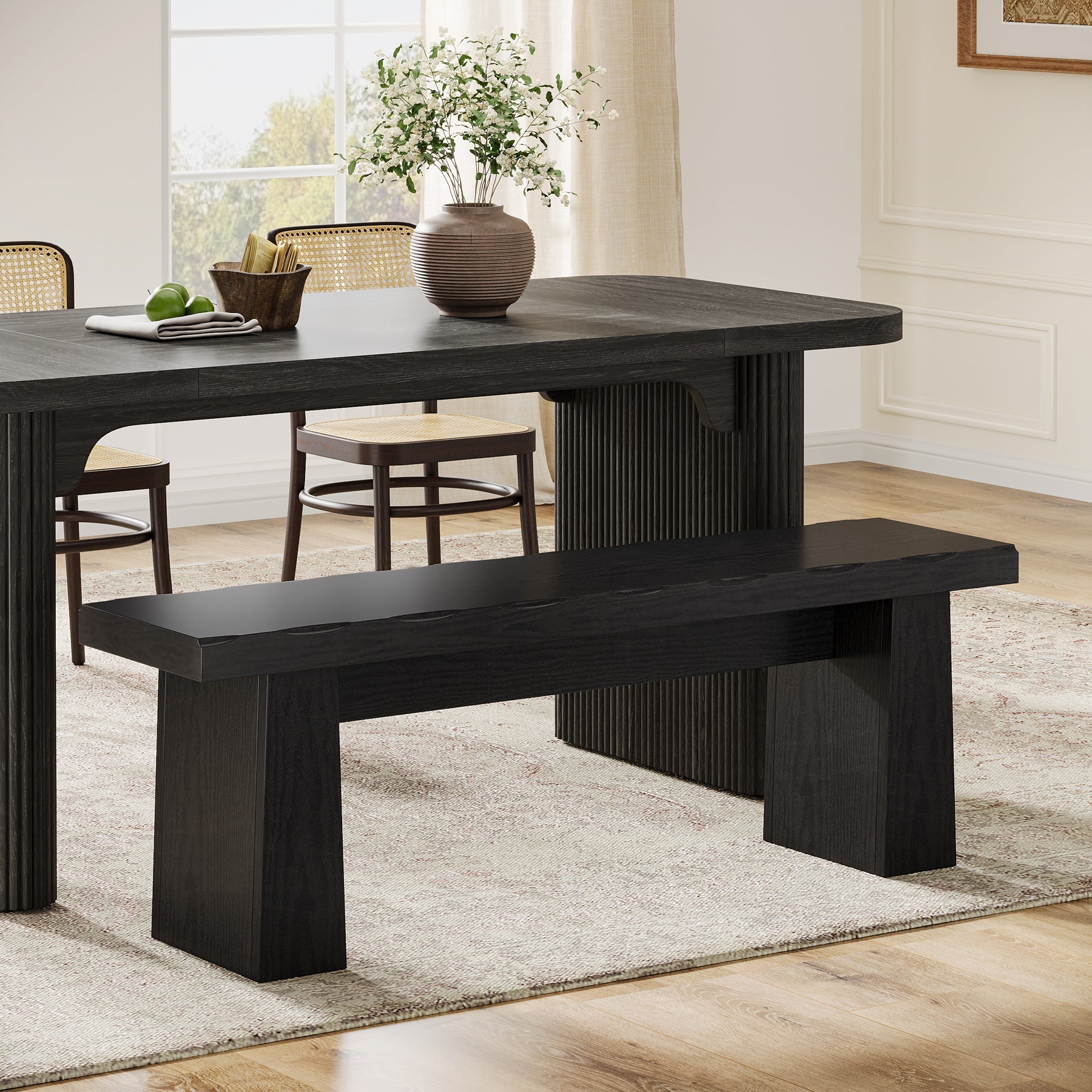 Banco negro de 120 cm, Banco de madera moderno, Banco de comedor versátil con diseño minimalista