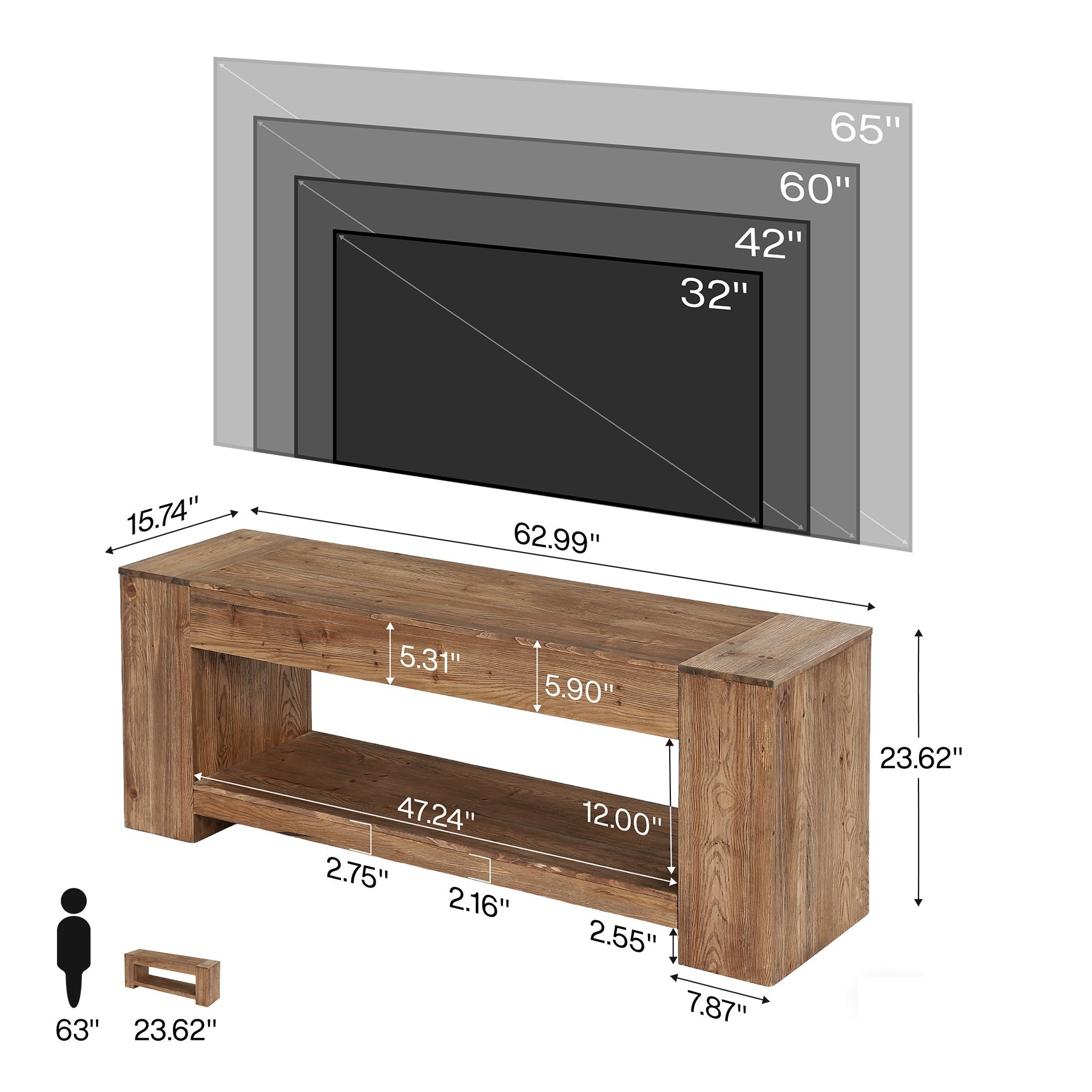 Tribesigns Mueble de TV de madera maciza de 160 cm para televisores, Mueble de TV rústico con compartimento de almacenamiento abierto