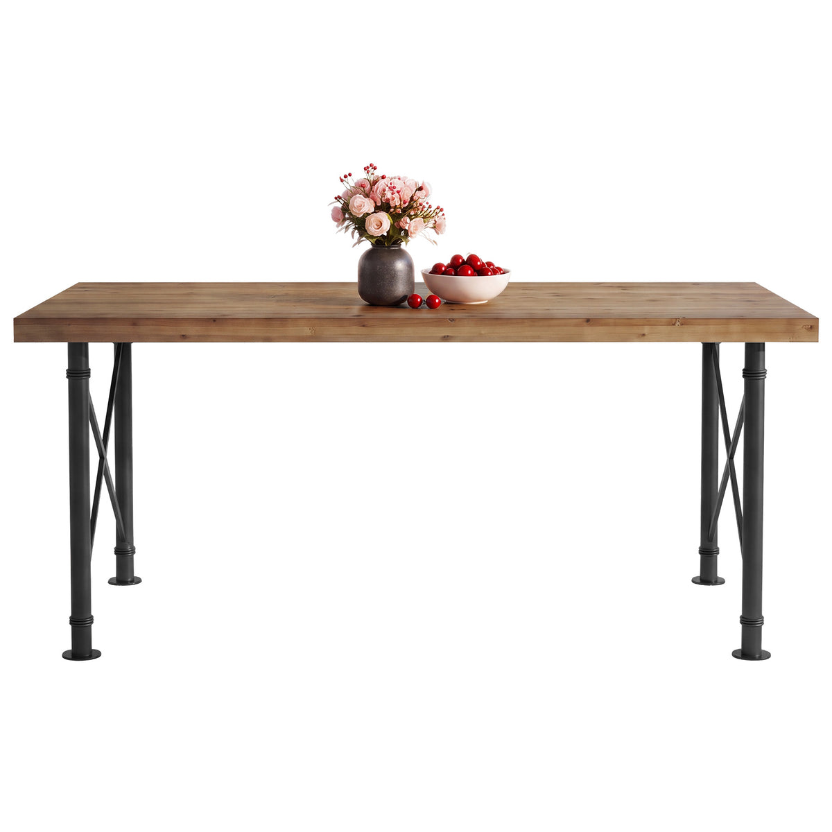 Mesa de comedor de madera maciza de 160 cm con patas de metal, marrón rústico