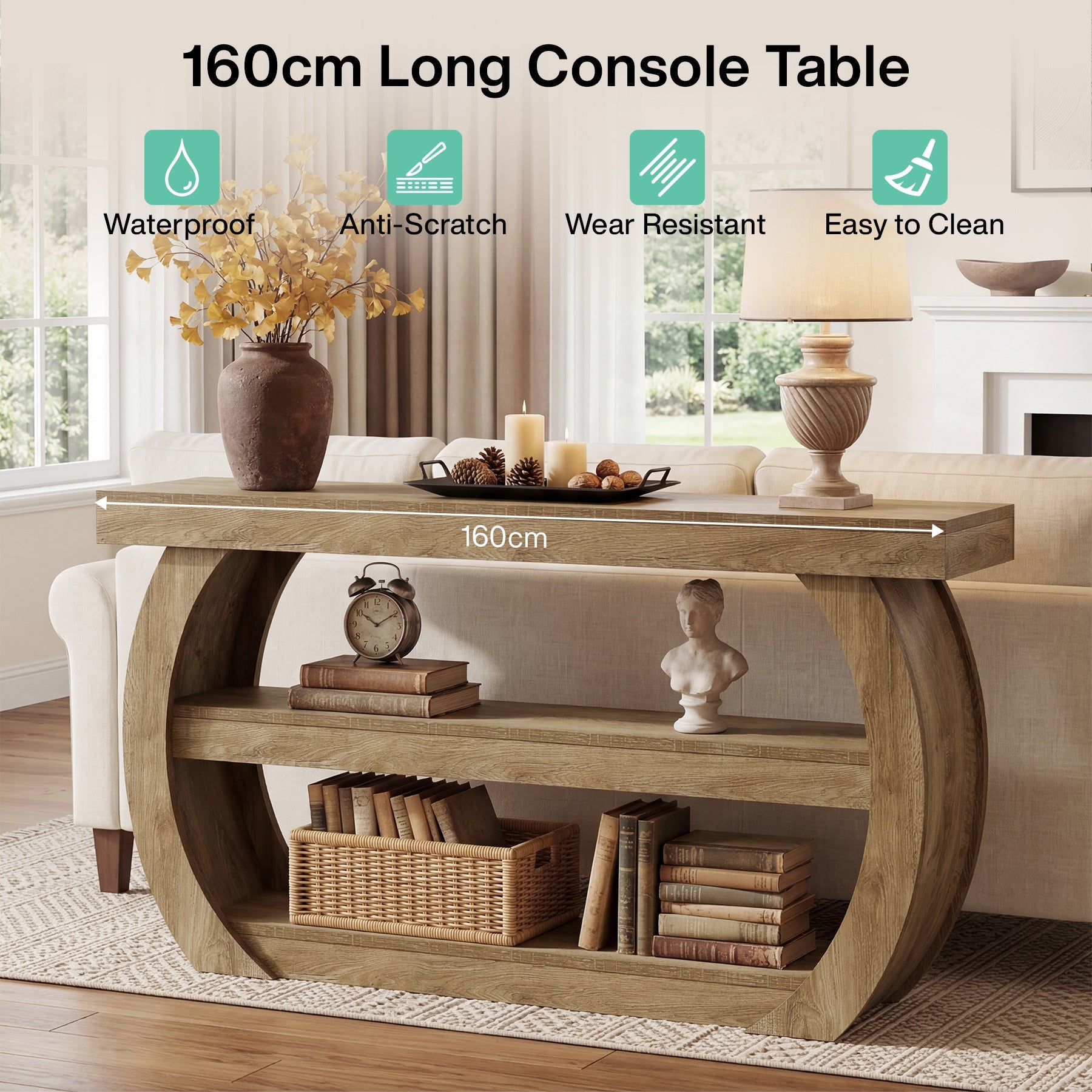 Tribesigns Mesa consola estilo granja (160 cm), Mesa de madera de 3 niveles para pasillo con estante de almacenamiento