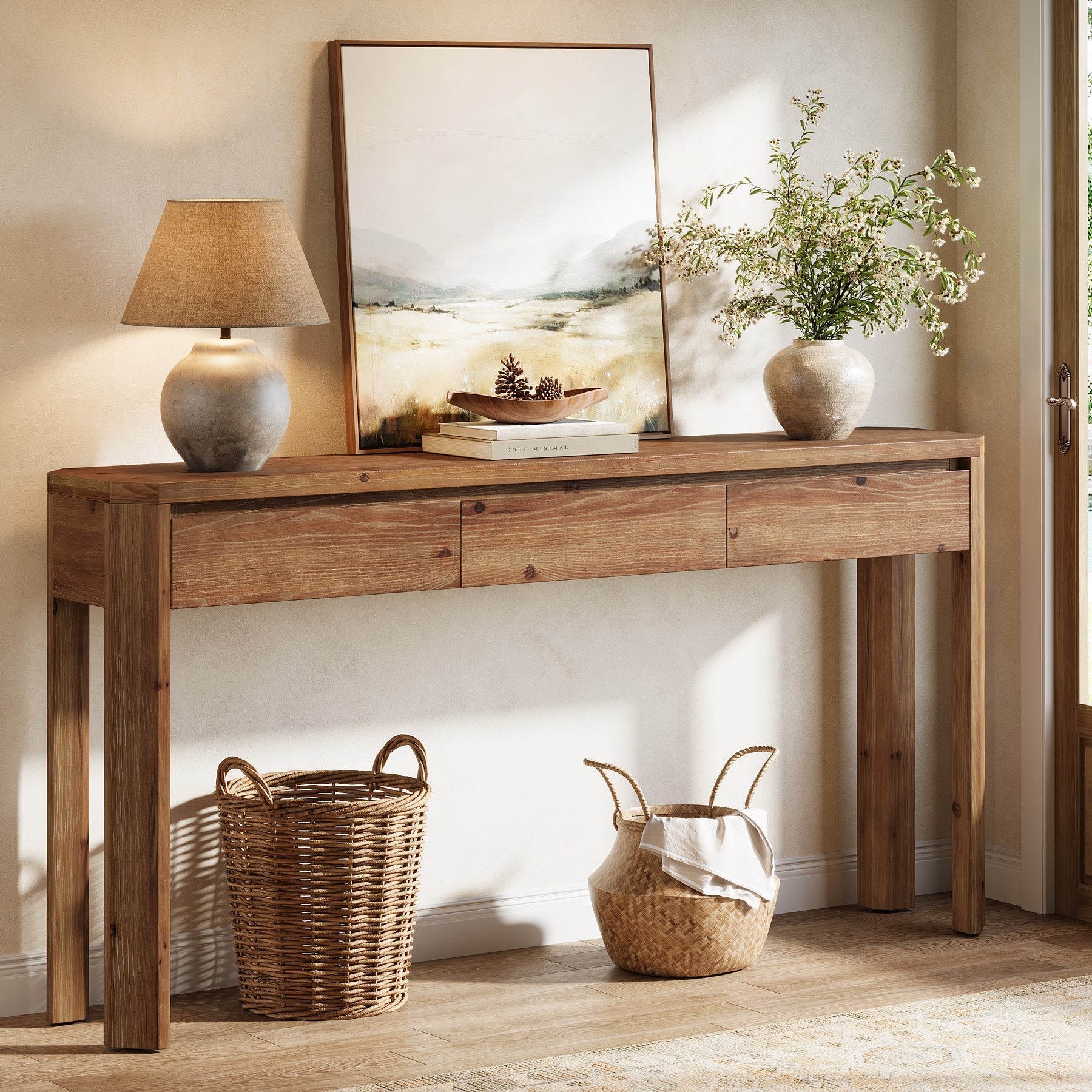 Tribesigns Consola de madera maciza de 160 cm con 3 cajones, Mesa de recibidor y sofá esquinas redondeadas estilo rústico