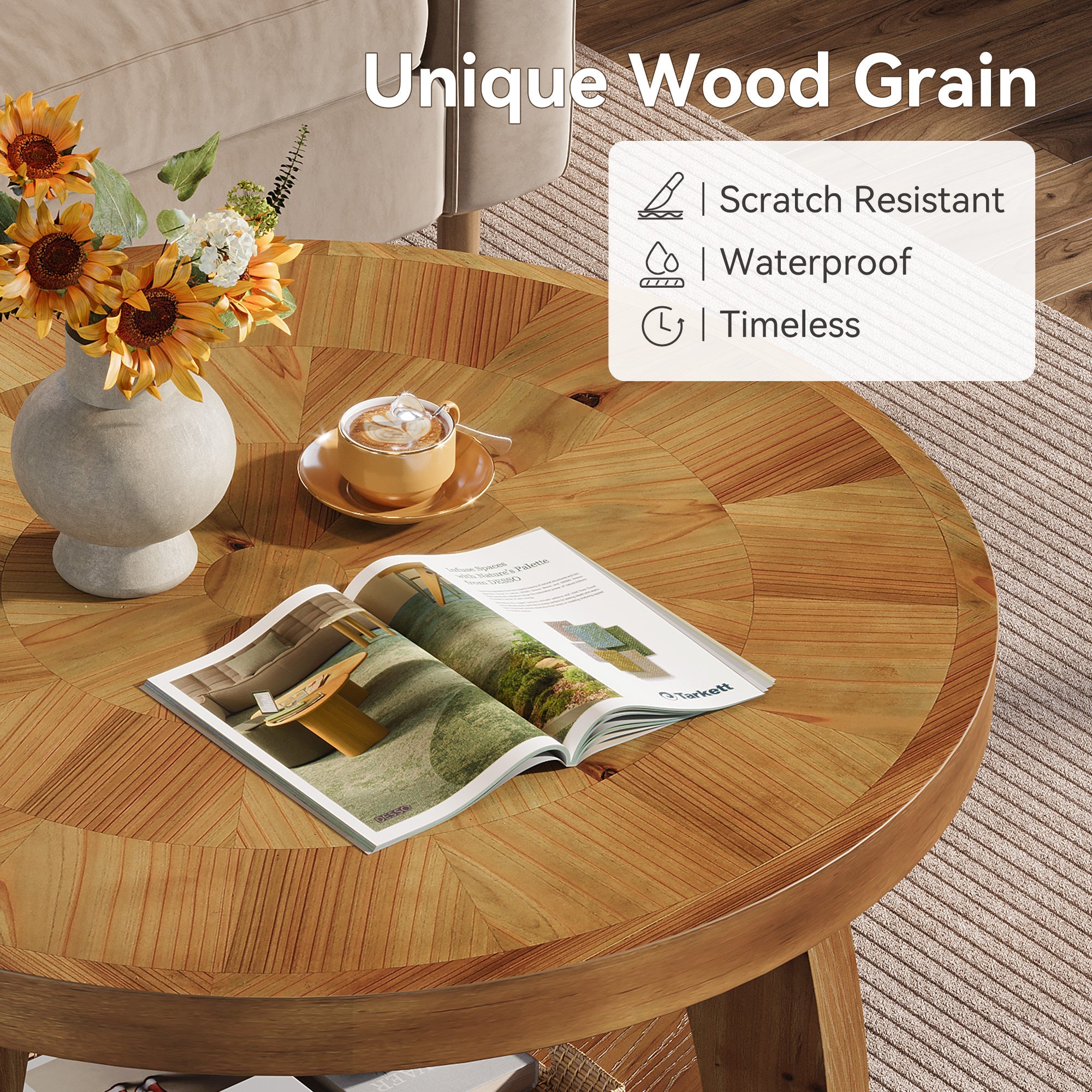 Mesa de centro redonda de madera maciza de 80 cm, Mesa auxiliar de 2 niveles con estampado de mosaico y estante inferior