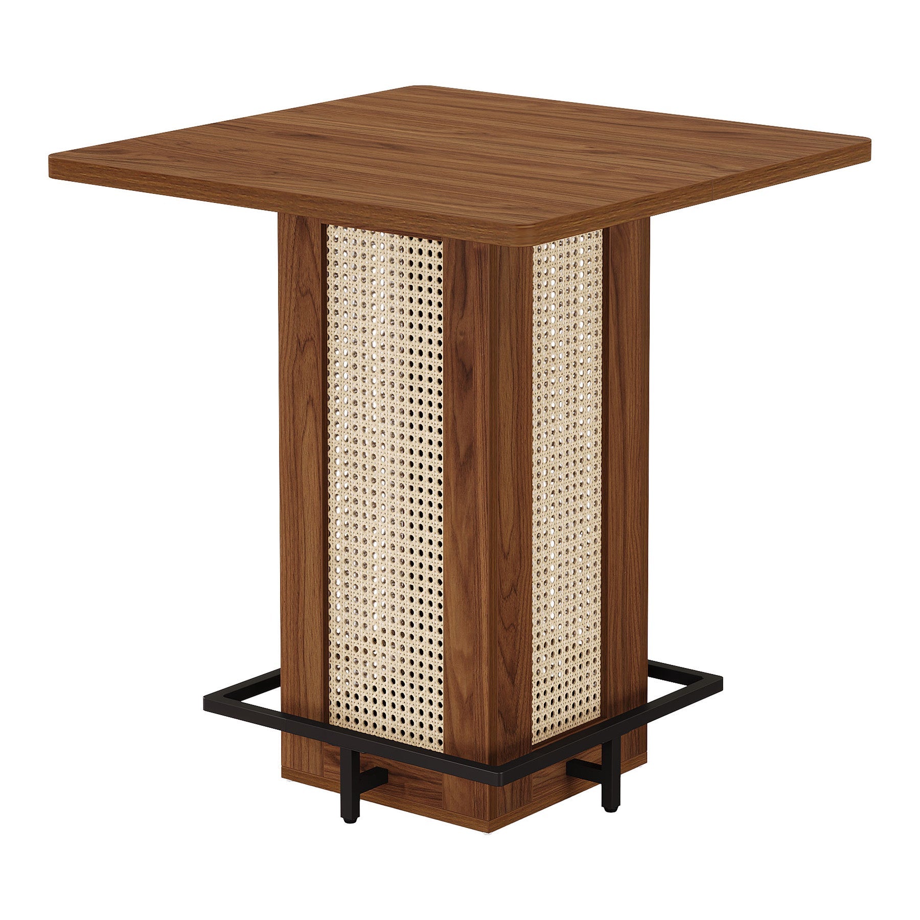 Tribesigns Mesa de bar cuadrada de estilo rústico, Mesa alta compacta con aspecto de ratán y reposapiés de metal