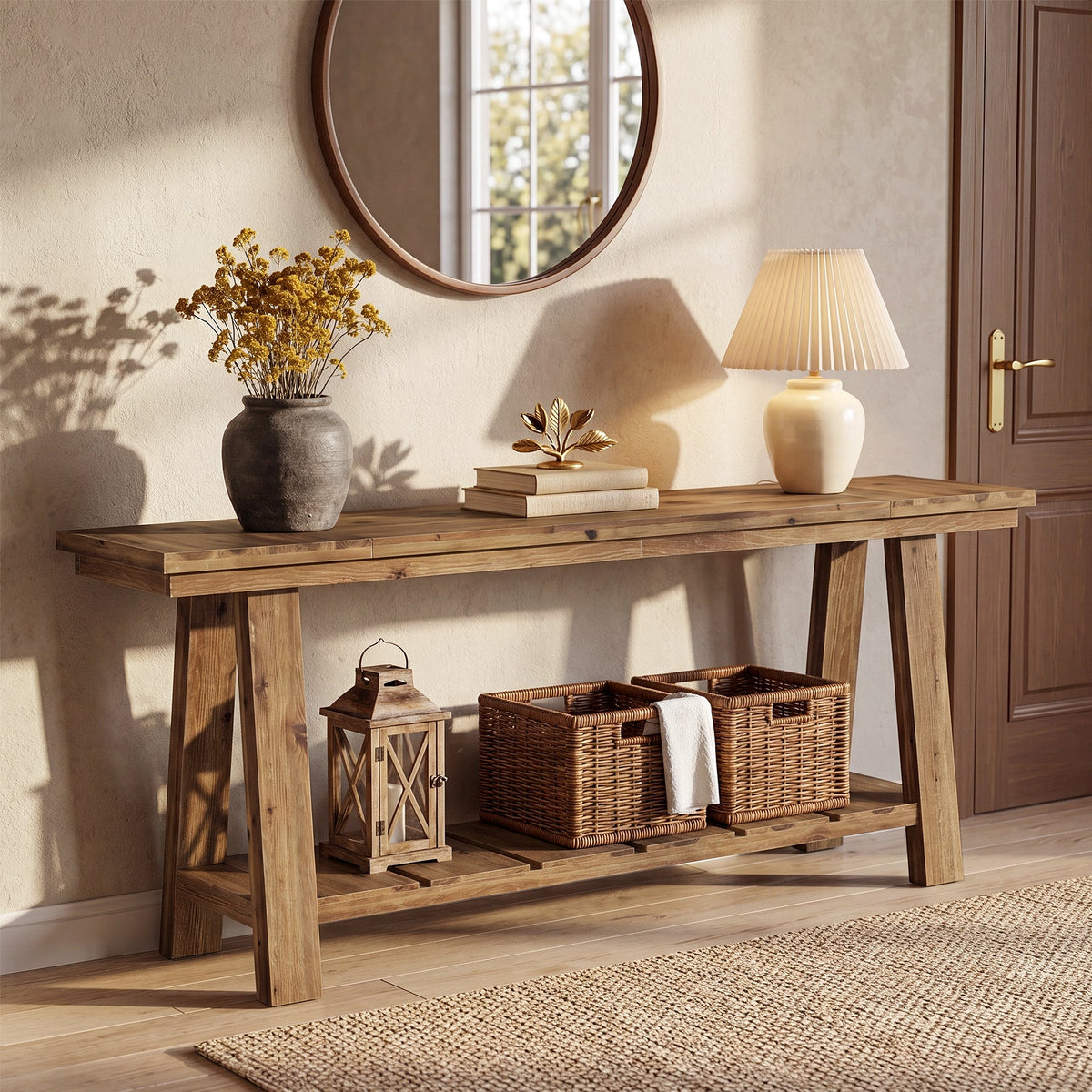 Tribesigns Mesa consola de madera maciza de 200 cm, Mesa de entrada estrecha con 2 estantes